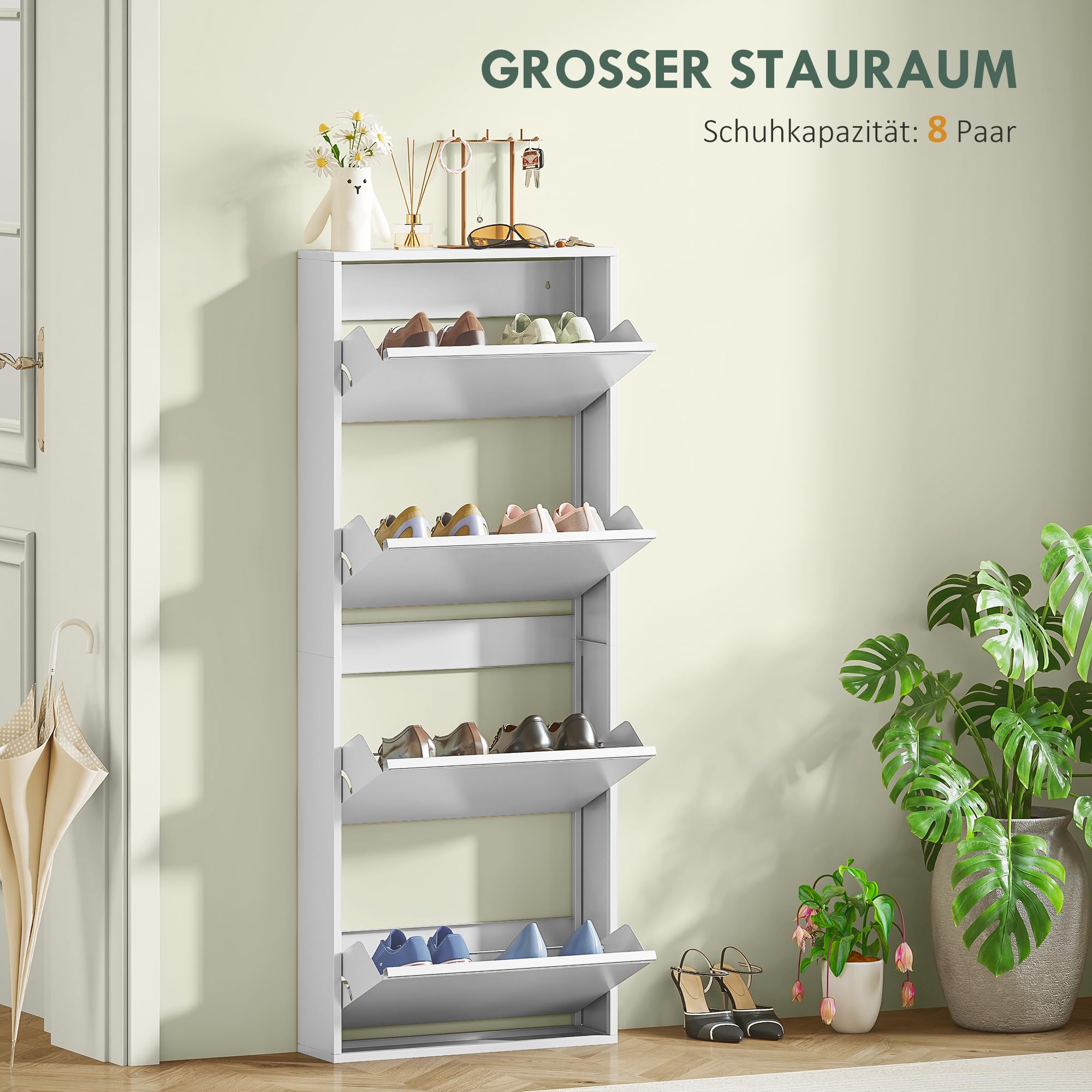 HOMCOM Schuhschrank Metall mit 4 Klappen Schuhkipper Schmal Schuhkommode Schuhregal Schuhablage Wandmontage für 8 Paar Schuhe 55 x 15 x 139,5 cm Weiß