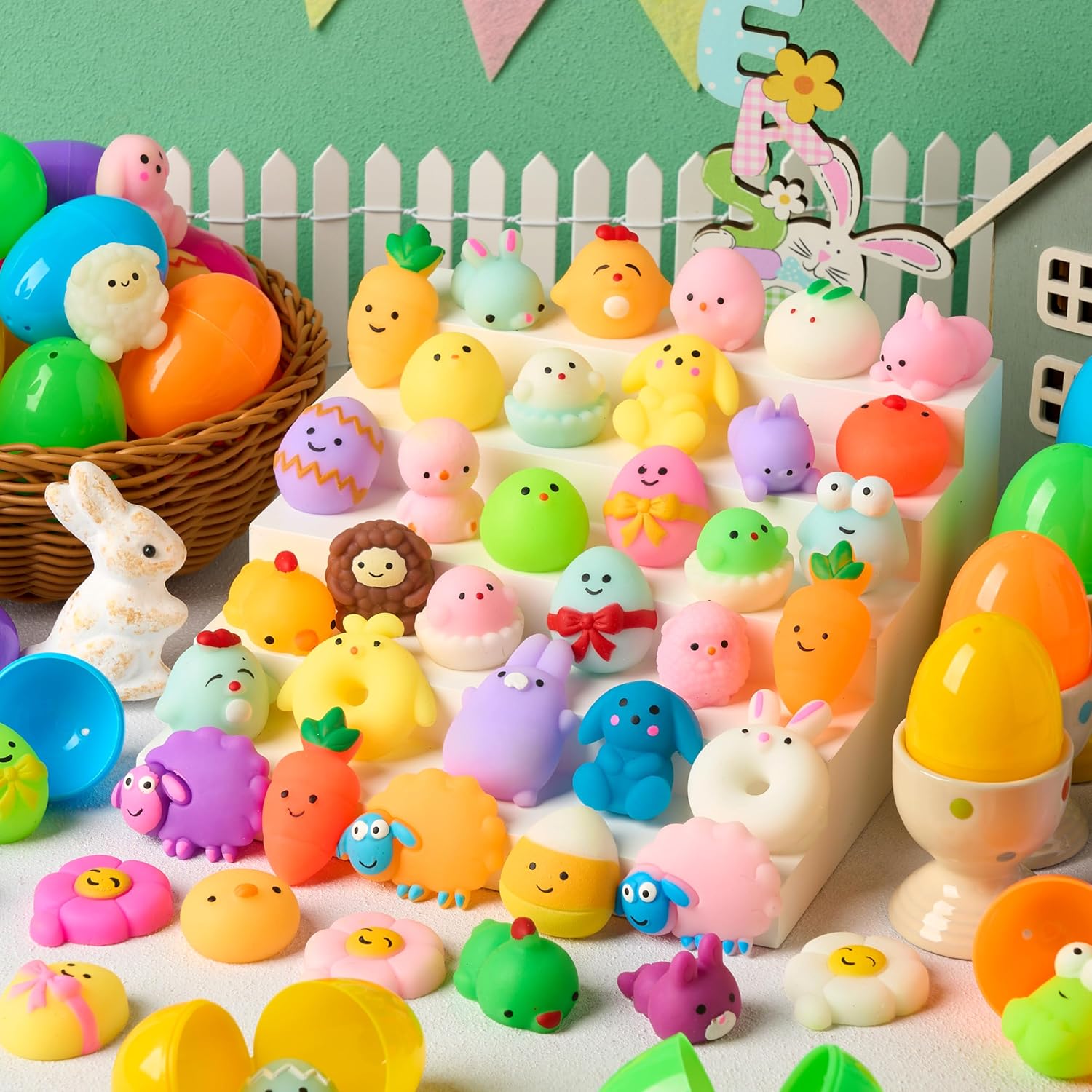 JOYIN 48 Pcs Easter Prefilled Eggs with Mochi Squishy Toys, Kawaii Stress Reliever Squishy Toy for Easter Egg Hunt, Kids Party Favor, Basket Stuffers, Goodie Bag Fillers, Classroom Prize Supplies - Image 7