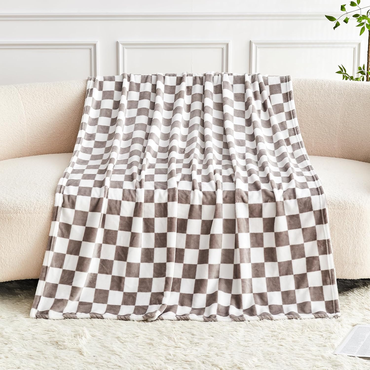Edenleaf Light Grey Checkered Blanket, Ultra Soft Fluffy Fleece - Checkered Grid Print Throws for Couch Sofa Bed, Cozy Luxury Throw Blanket for All Seasons, 60x80 Inch, Cashmere Smoke