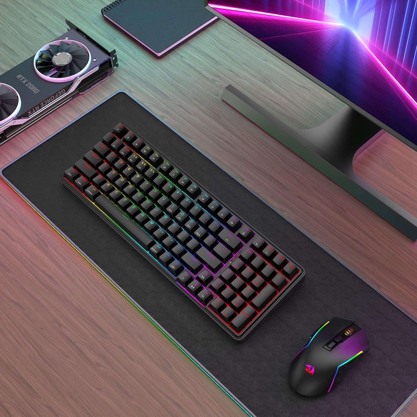 Redragon S162 Combinación de teclado y ratón inalámbrico para juegos de 3 modos, 99 teclas K744 RGB y 8000 DPI M693 para juegos