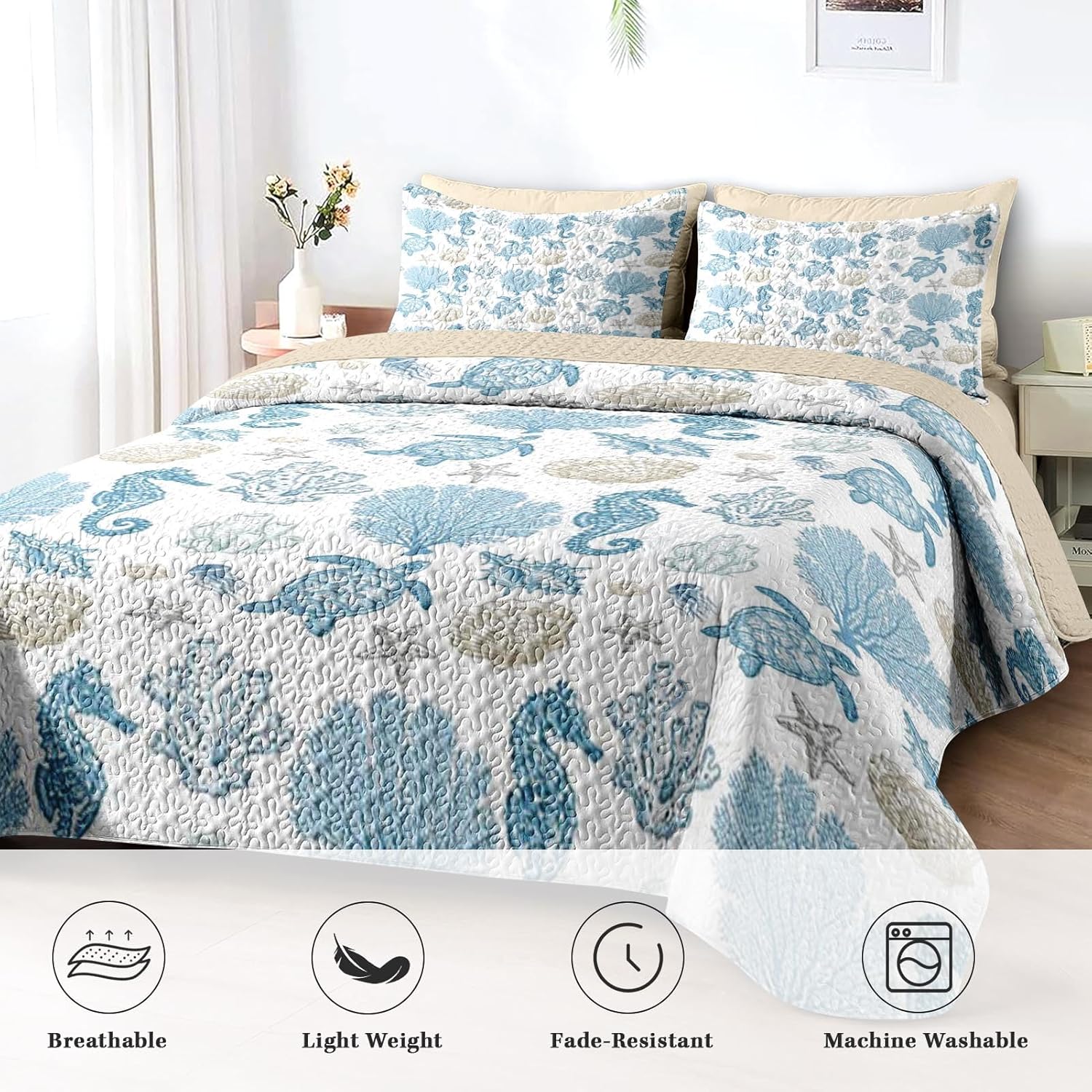 Quilt Set King Size, Sea Shell Coral Seahorse 3 Pcs Soft Bed Cover Bedding Set for Kids and Adults, Starfish Nautical Lightweight Bedspread Coverlet with Pillow Sham for All Season
