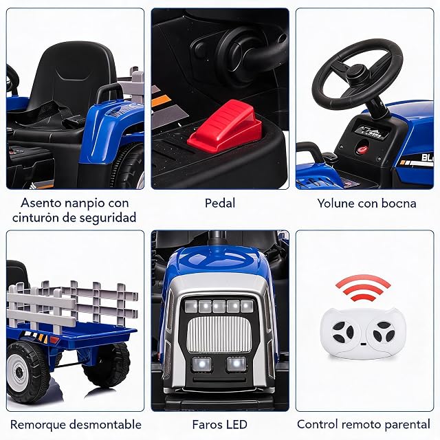 Foto 3 de 5 de Garvee Tractor Electrico para Niños con Mando 2.4g, Remolque Desmontable, 3 Velocidades Ajustable, LED, Música