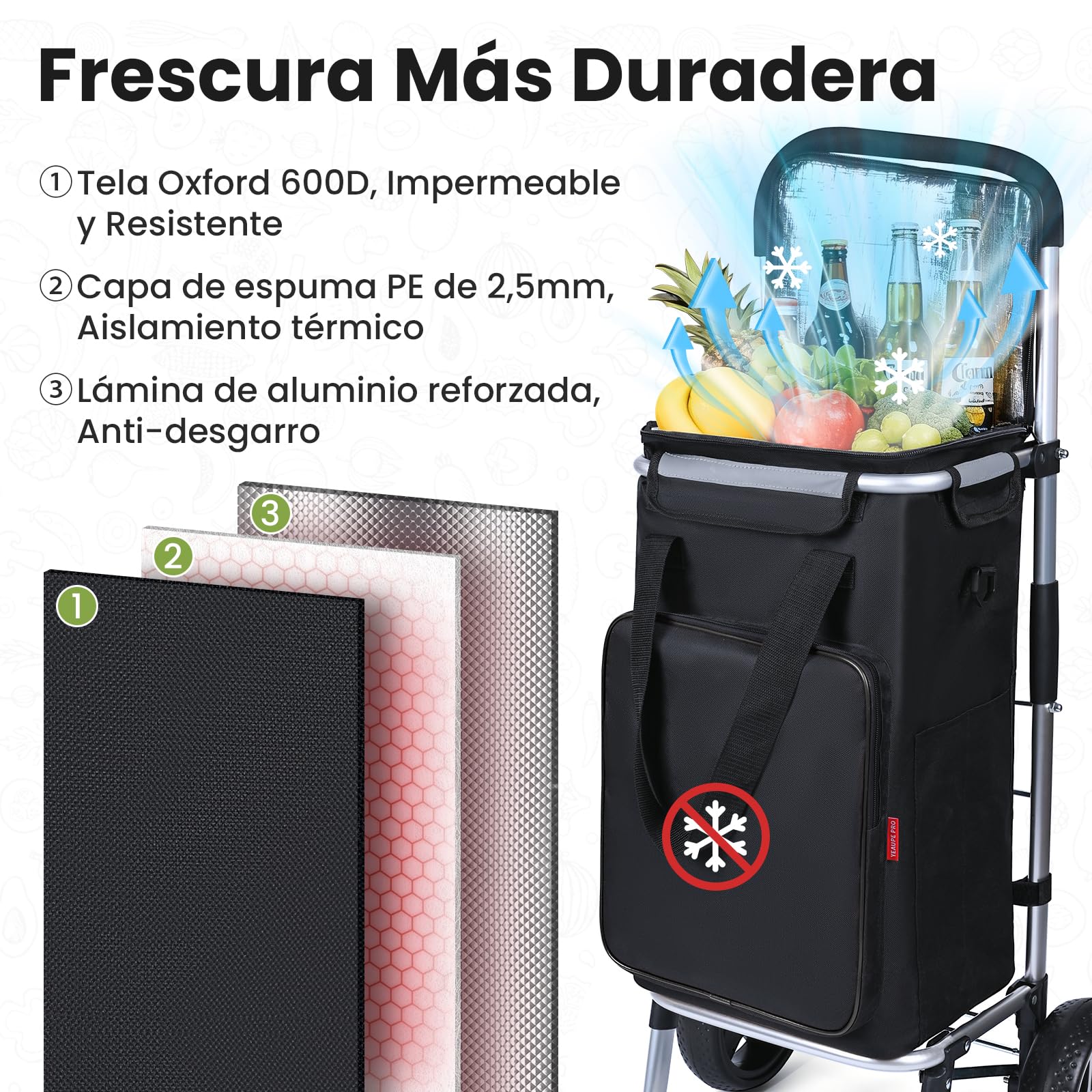 YEAUPE PRO Carro de la Compra, MAX 50L de Capacidad - Carrito de 2 Ruedas, 3 en 1 con Bolsa Térmica Desmontable - para Compra Semanal, Picnic o Viaje - Negro