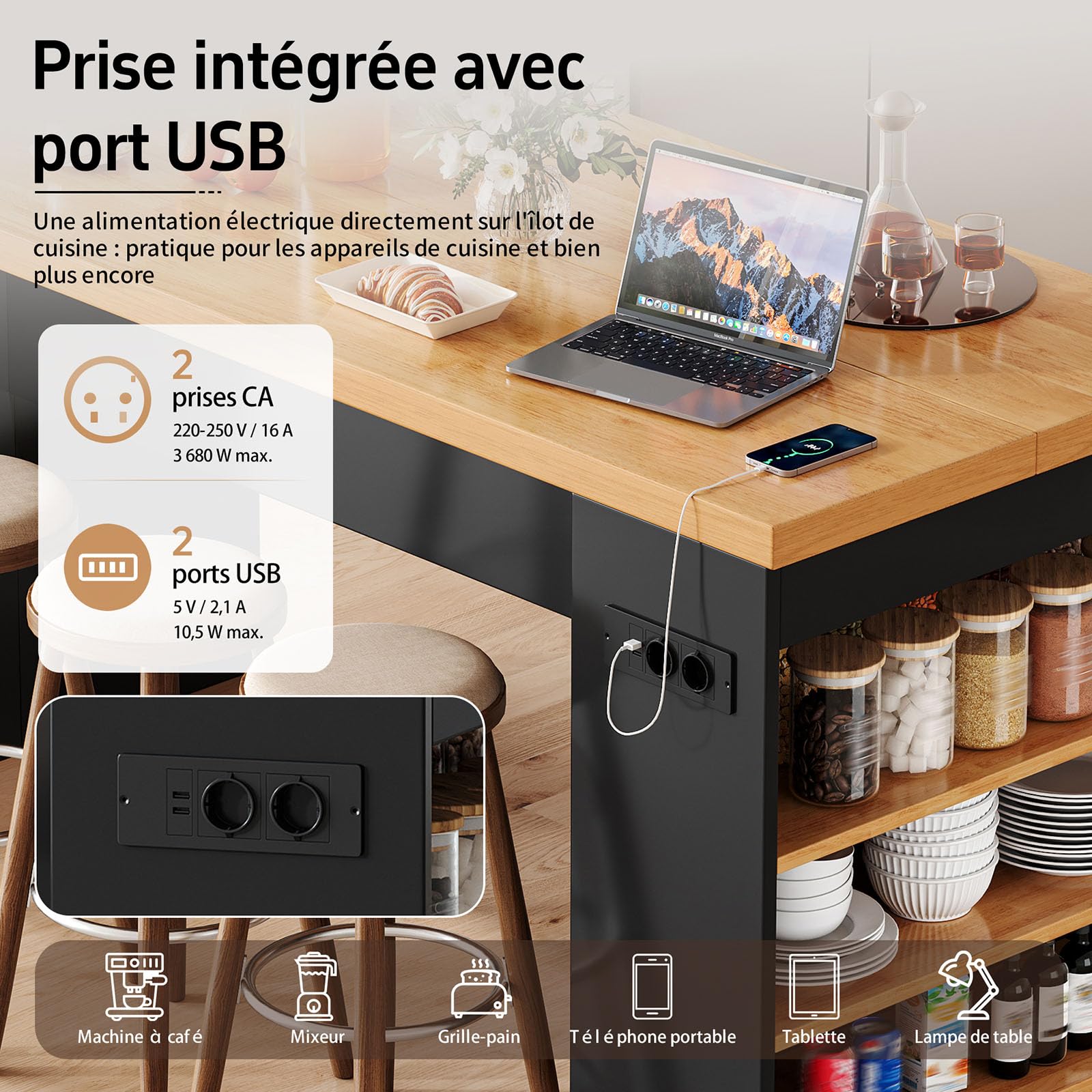 DHHU Îlot de Cuisine 155x80x90 cm avec Prises & USB, Plan de Travail Épais 40 mm, Éclairage LED Intégré, 3 Étagères de Rangement, Meuble Multifonction pour Cuisine et Salle à Manger