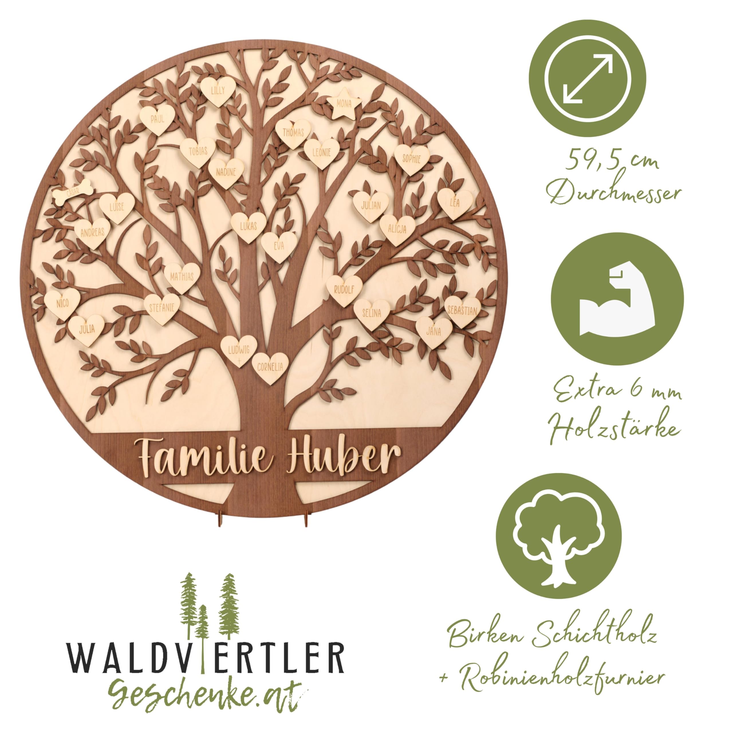 Familien-Stammbaum aus echtem Holz – Handmade, individuell gravierbar & hochwertig verarbeitet – personalisiere jetzt Dein ganz persönliches Erinnerungsstück! (XL)