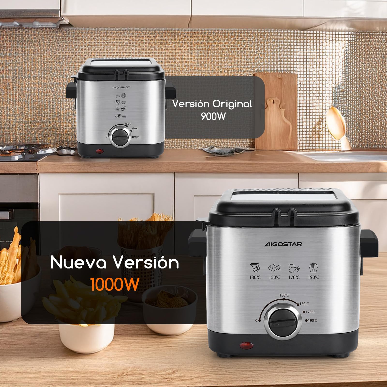 Aigostar Fries 30IZD - Freidora compacta de 1,5 litros, libre de BPA, 1000 watios con gran ventana transparente y temperatura ajustable. Acero inoxidable de tipo 304. Diseño exclusivo
