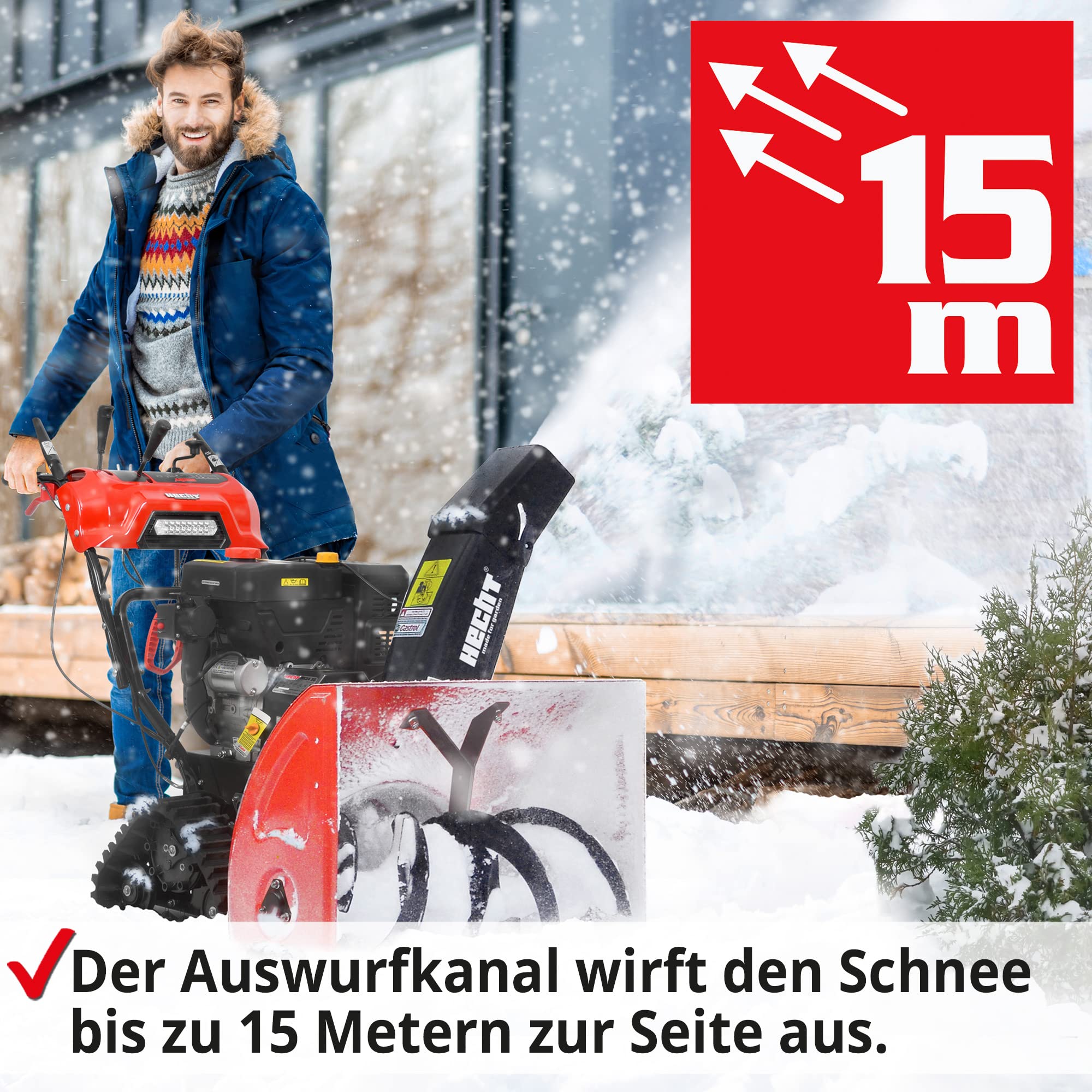 HECHT Benzin Schneefräse 87 cm – 2-stufig mit E-Start | 51 cm Arbeitshöhe, 15 m Auswurfweite, Raupenantrieb, 6 Vorwärts- & 2 Rückwärtsgänge, LED & Griffheizung