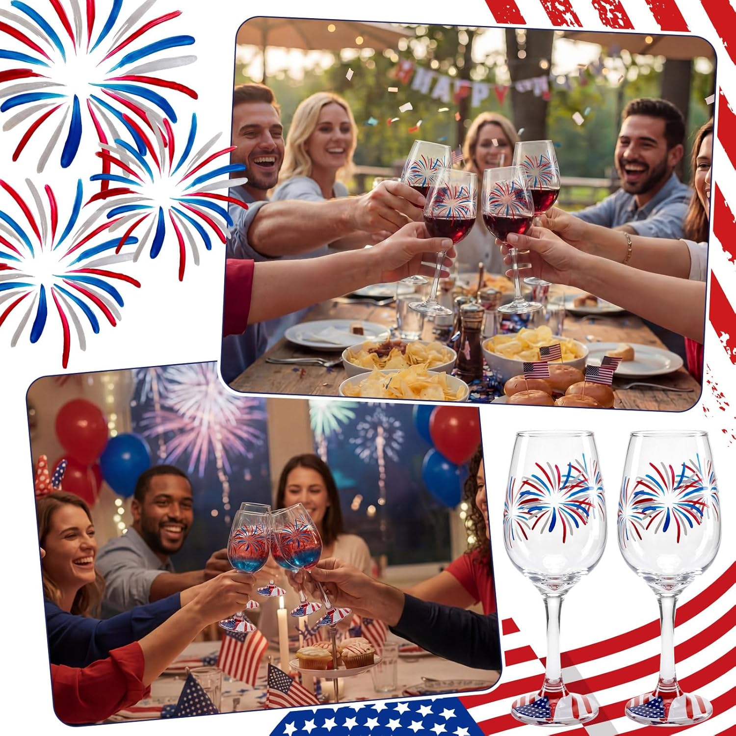 SiliFine 4 Pcs Independence Day 4th of July Party Stemmed Wine Glasses Hand Painted Fireworks USA American Flag Star Drinking Cup Wine Glasses Gifts for Birthday Theme Holiday Party Supplies
