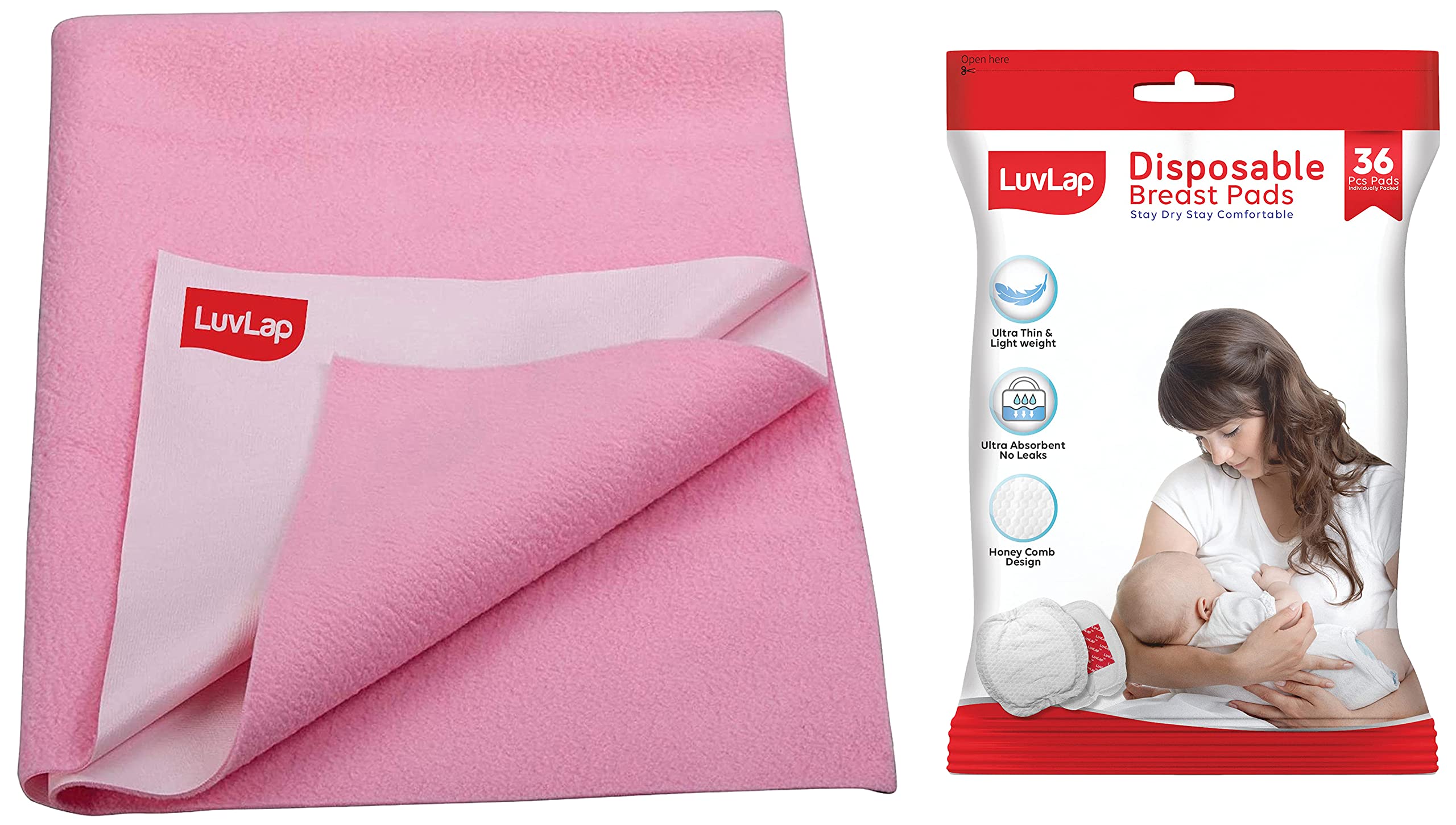LuvLap Ultra Thin Honeycomb Nursing Breast Pads, 36pcs, Disposable, High Absorbent, Discreet Fit & Instadry Anti-Piling Fleece Extra Absorbent Quick Dry Sheet for Baby, Pack of 1, Baby Pink (B0BP57C3TK) Amazon Price History, Amazon Price Tracker