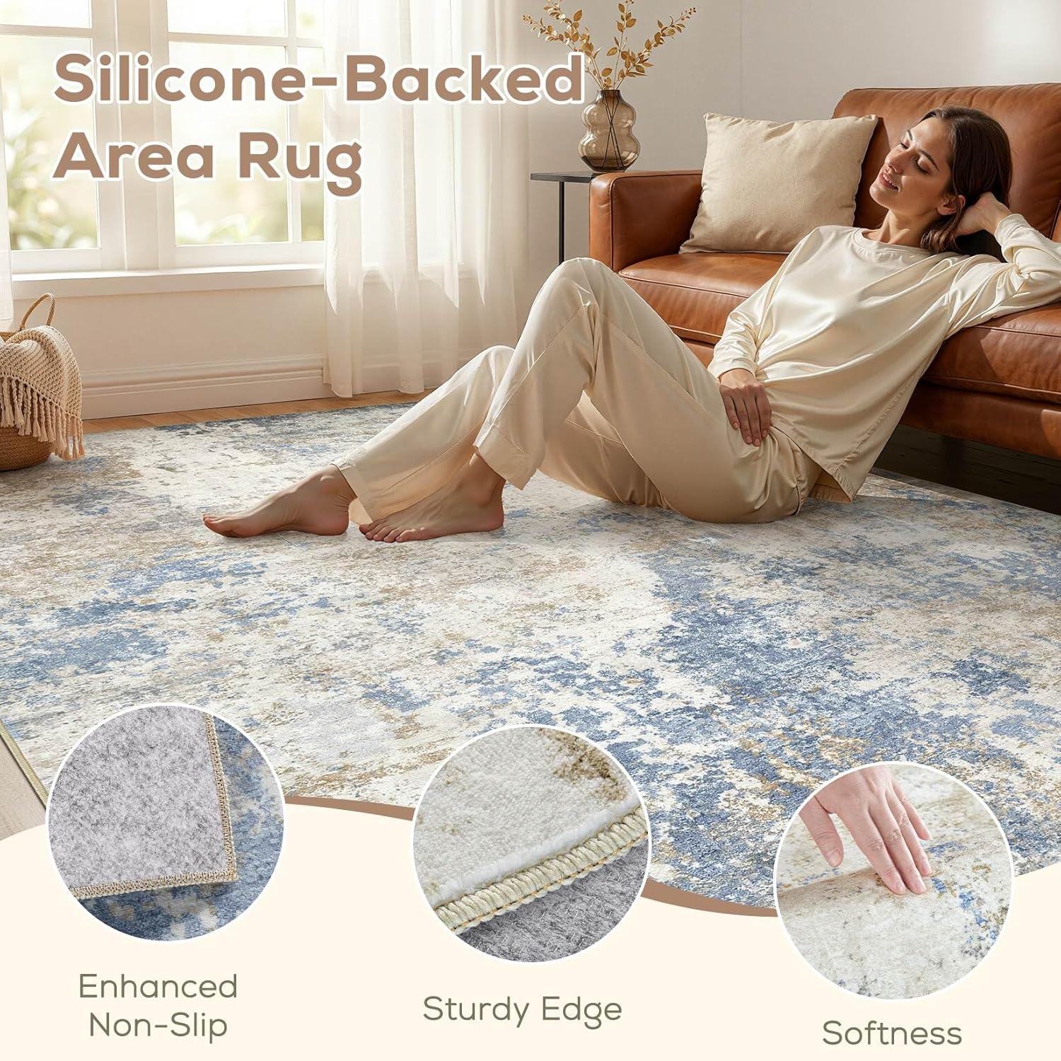 nakagishi 7x9 area rugs for living room: washable modern abstract rug with non-slip silicone backing low pile soft carpet for bedroom&dining decor ideal for families with kids and pets-blue brown 7' x 9' (rectangular) blue brown