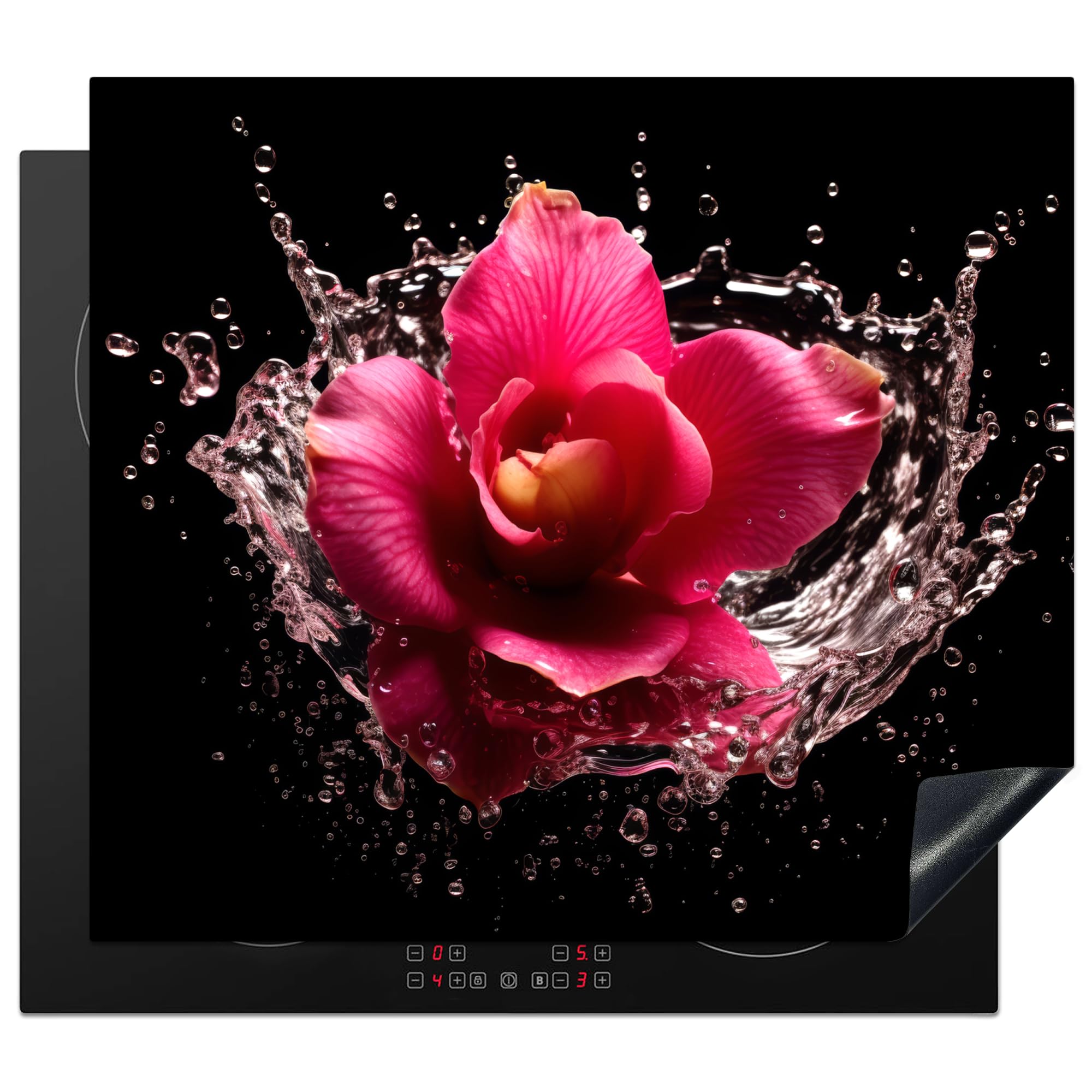 KitchenYeah© Cubre Vitrocerámica - Protector Vitroceramica Induccion 60x52 cm - Tapa Vitroceramica - Protector de Vitroceramica Flores - Rosa - Agua - Negro - Botánico - Naturaleza