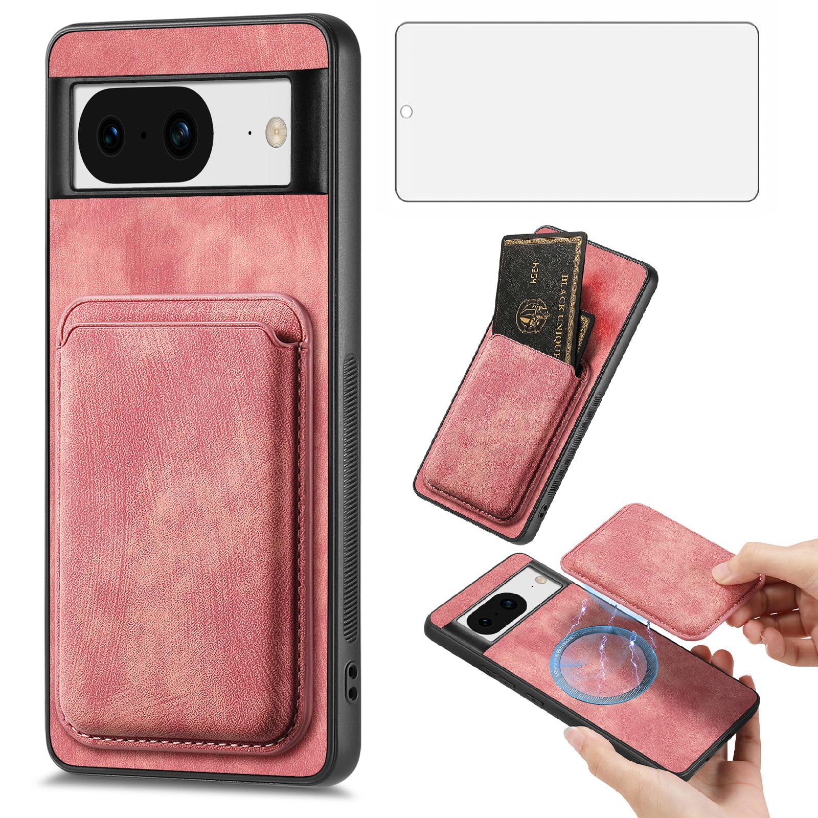 Google Pixel 8 étui portefeuille rose avec verre écran et porte-carte slim - 8