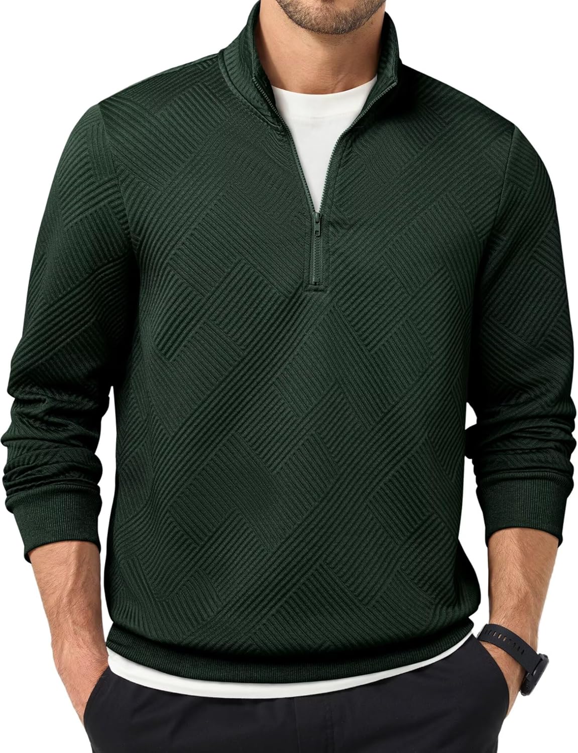 Dokotoo Men Men's Quarter Zip Sweatshirts Soild Casual Geometric Texture Long Sleeve Knit Mock Neck Sweaters Pullover