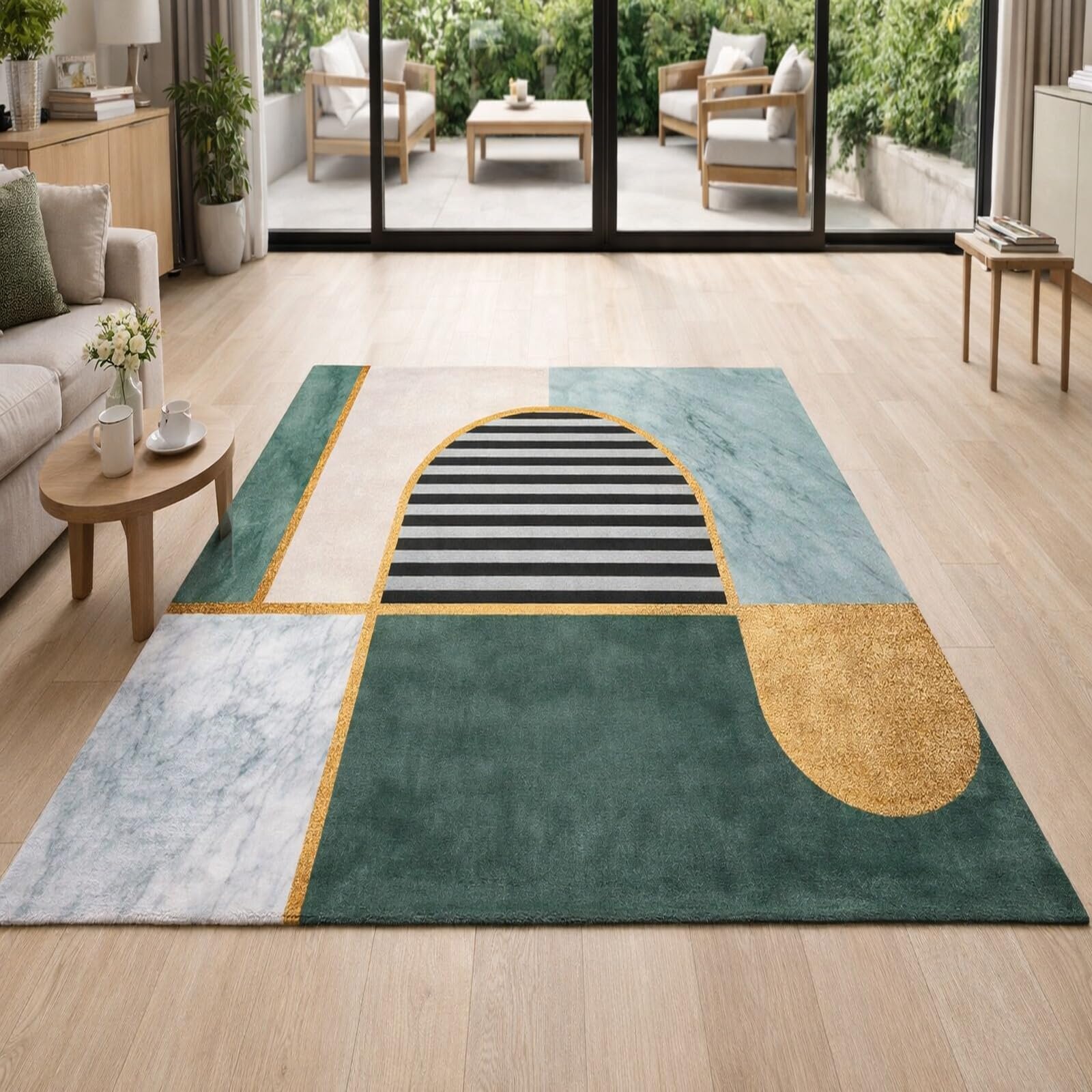 Tapis poils courts moderne 80x120 cm pour salon et entree geometrique vert et gris