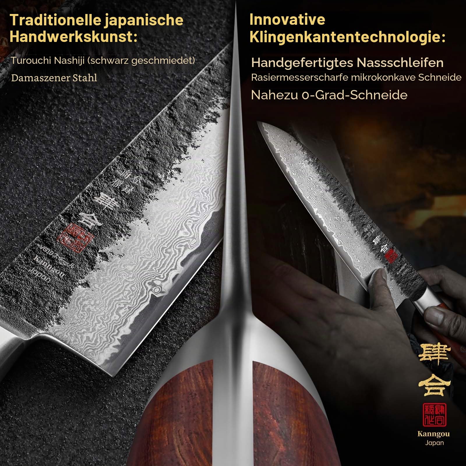 kanngou Damast Küchenmesser 21 cm Gyuto Kochmesser, Extra Scharfes Japanisches Messer aus VG-10 Stahl mit Ergonomischem Pakkaholzgriff Robustem Full-Tang-Design und Geschenkbox