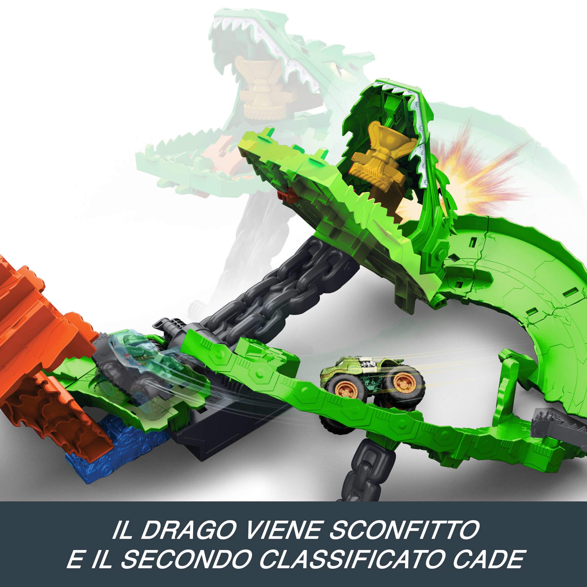 Hot Wheels Monster Trucks - Sharks vs. Dinos Dragon Destruction, set con veicoli Great Bite e Rageasaur inclusi, sconfiggi il nemico cyborg, giocattolo per bambini, 4+ anni, JGB06