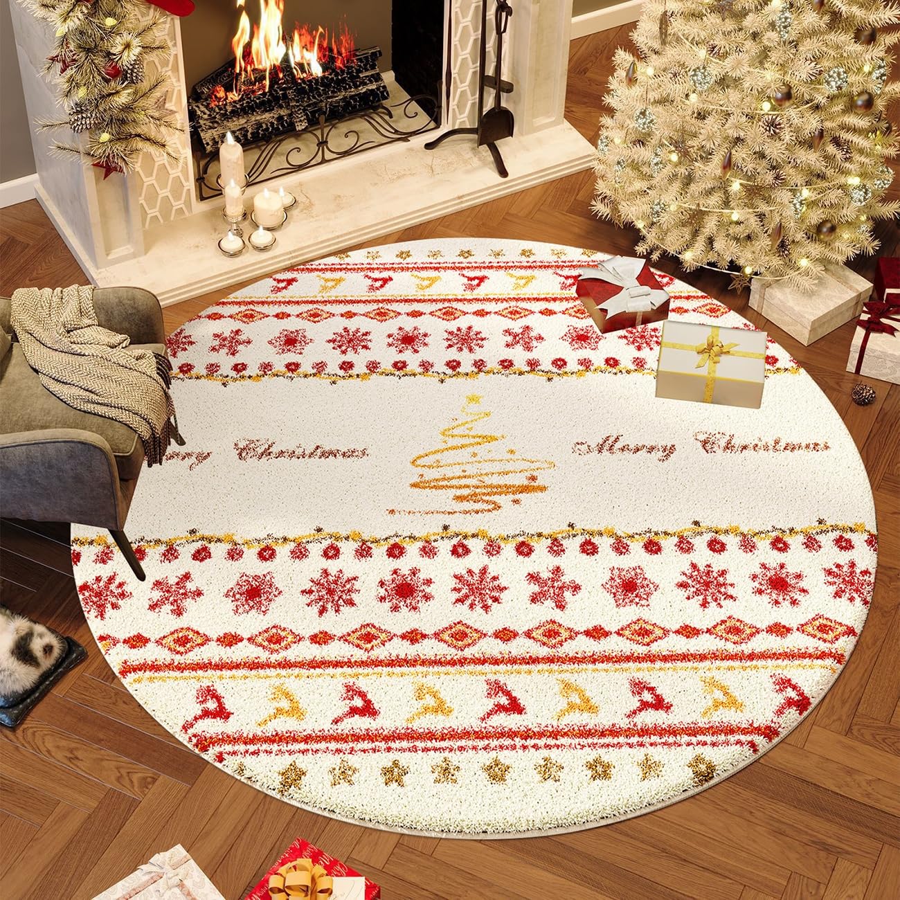 Tapis rond chambre enfant doux de Noël de 120cm avec envers antidérapant sécurisé