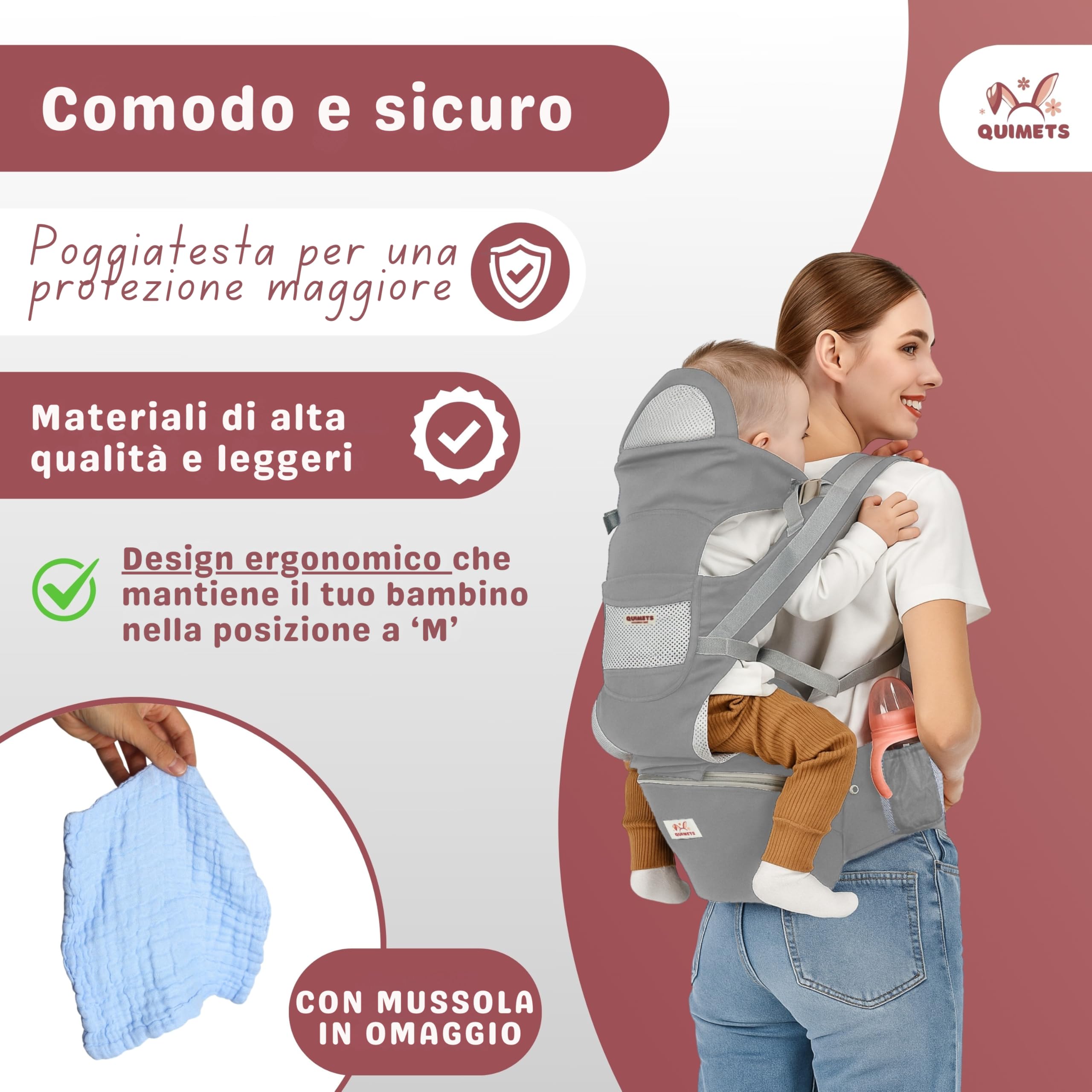 Marsupio neonato 0-36 mesi ergonomico 6 in 1 – Zaino porta bambino regolabile con seduta removibile, supporto lombare, tessuto traspirante e mussola in omaggio
