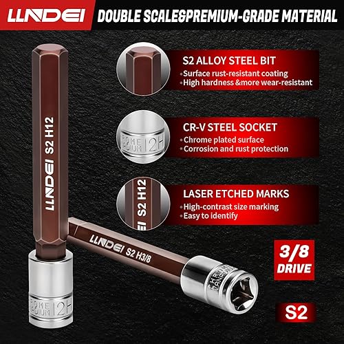 Miniatura 3 de LLNDEI Juego de dados hexagonales Allen extra largos de 3/8 pulgadas, 19 piezas, estándar SAE y métrico (1/8"-3/8", 0.118-0.472 in), acero de