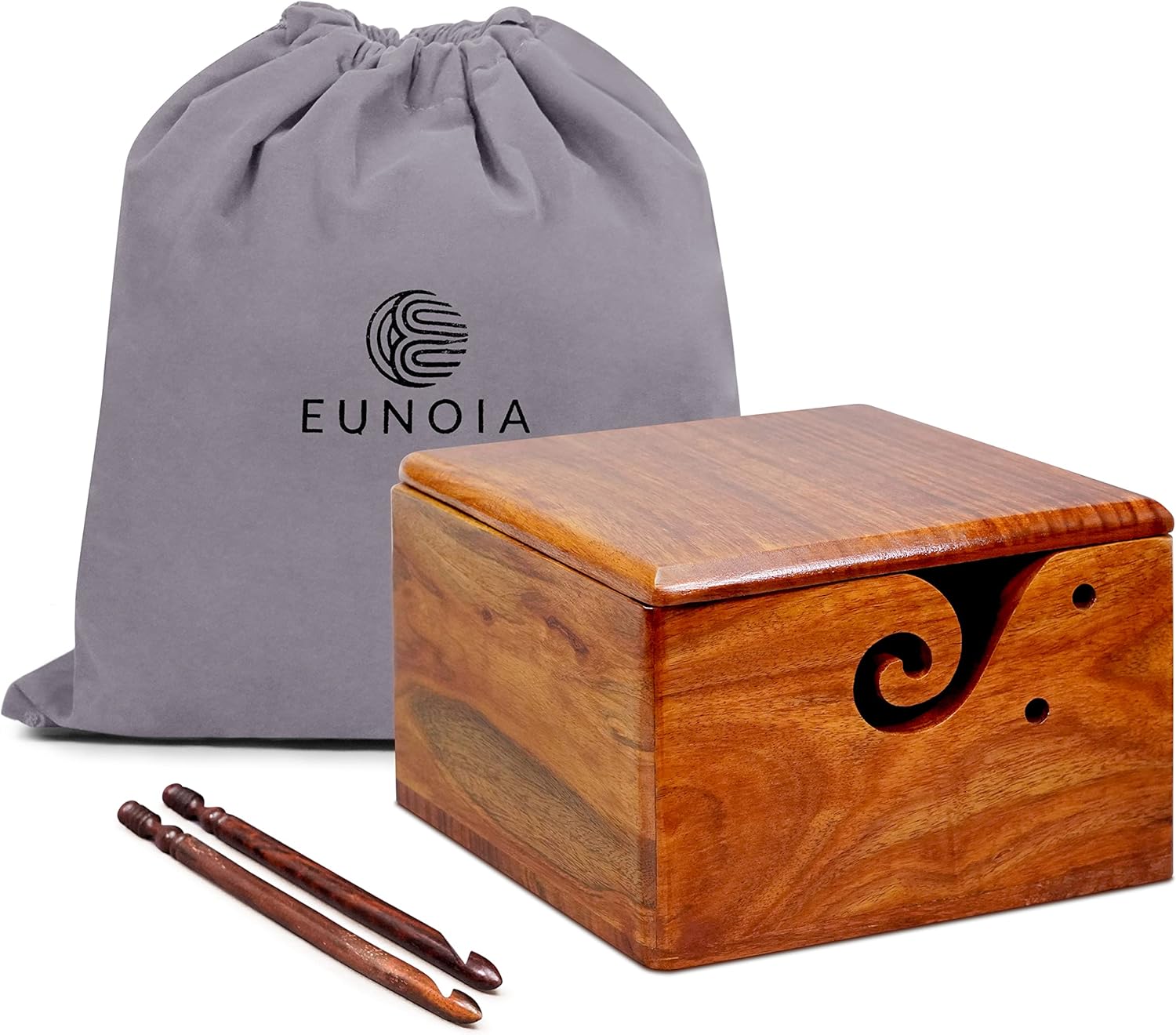 Eunoia Yarn Bowl with Square Lid, 7x5 Inch Handmade Yarn