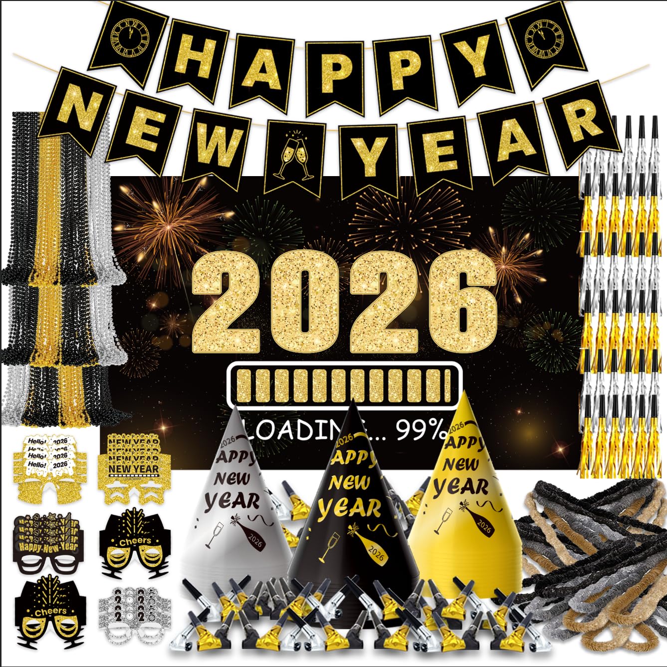 New Years Eve Party Supplies 2025 For 100 I Black And Silver Top Hats Tiaras And Noise Makers Party Favors I 2025 New Years Decorations Happy New Year Decorations 2025 Bulk Party Favors