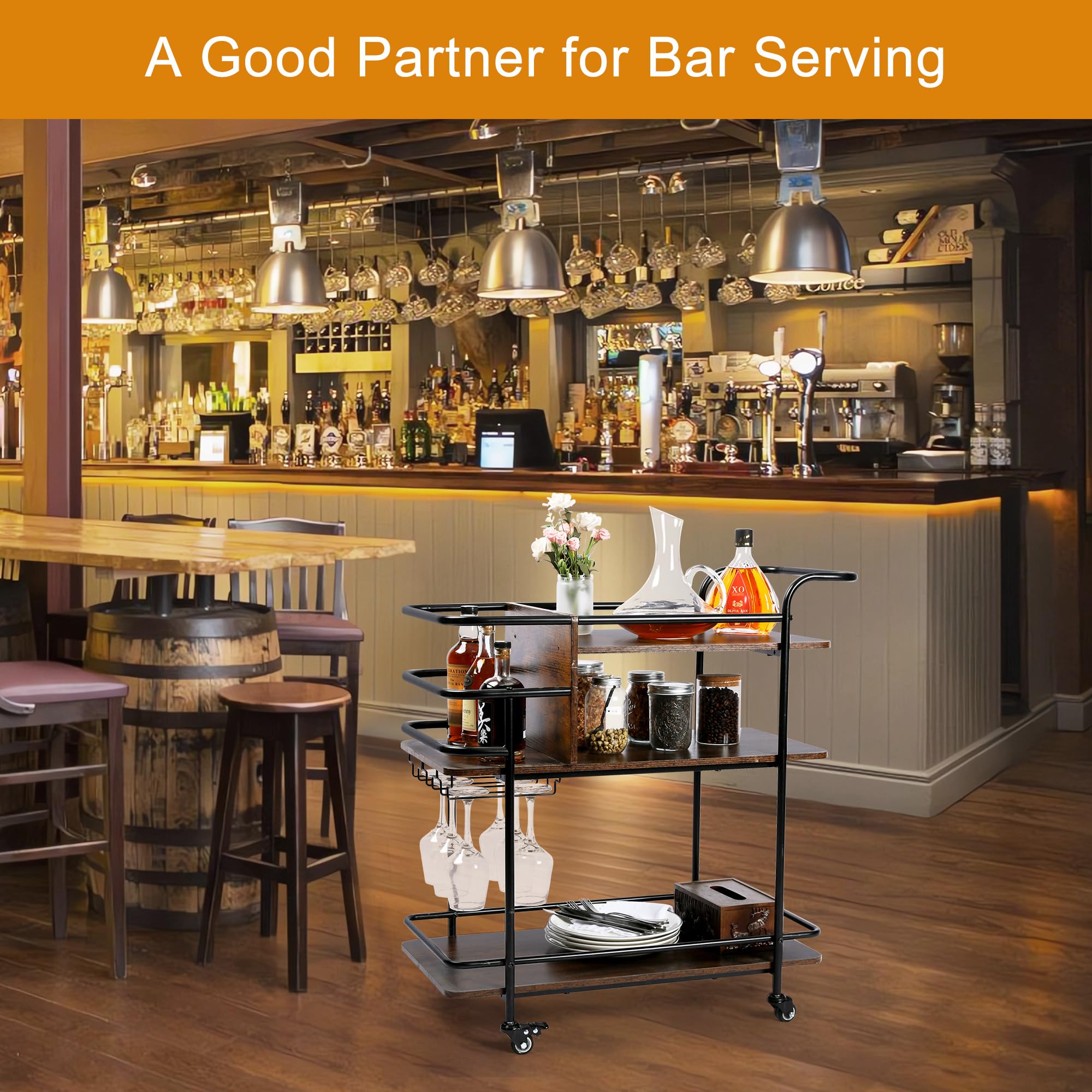 TQVAI Home Bar Serving Station, 3-Tier Coffee Snack Beverage Cart with Wheels, Rolling Wine Bar Cart with Wine Rack and Glass Holder, Black/Antique