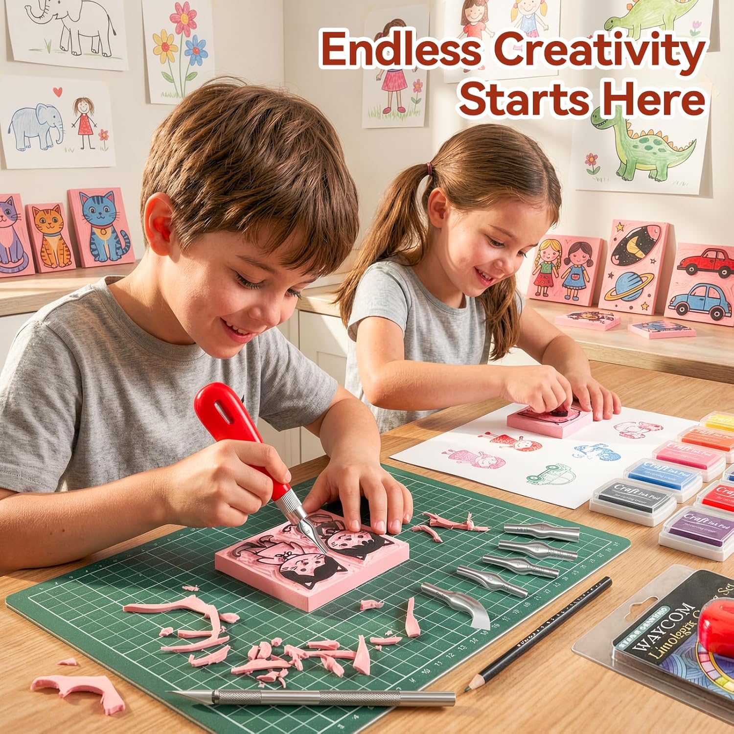 WAYCOM 18Pcs Linoleum Blocks for Printmaking: Linocut kit with Tools & Ink - 4x6 Rubber Carving Blocks - Art Craft Supplies for Beginners & Hobbyists - Gifts for Christmas/Birthday/Art Enthusiast