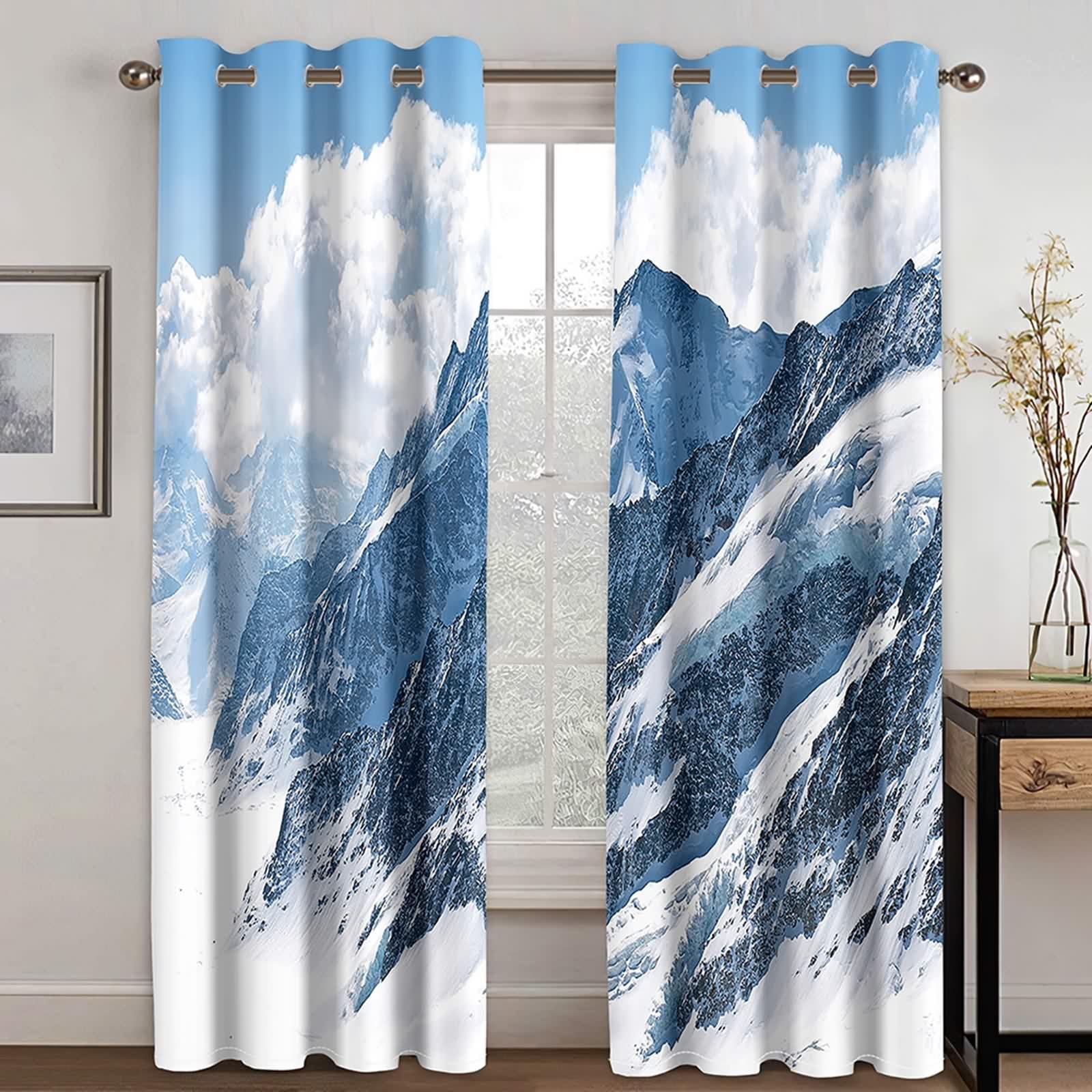Epinki Zestaw 2 zasłon z oczkami, 214 x 214 cm (wys. x szer.), nieprzejrzyste z chmurami, w górach śniegu, krajobraz, zasłony termiczne, ochrona przed zimnem, ochrona przed hałasem, szaro-niebieskie