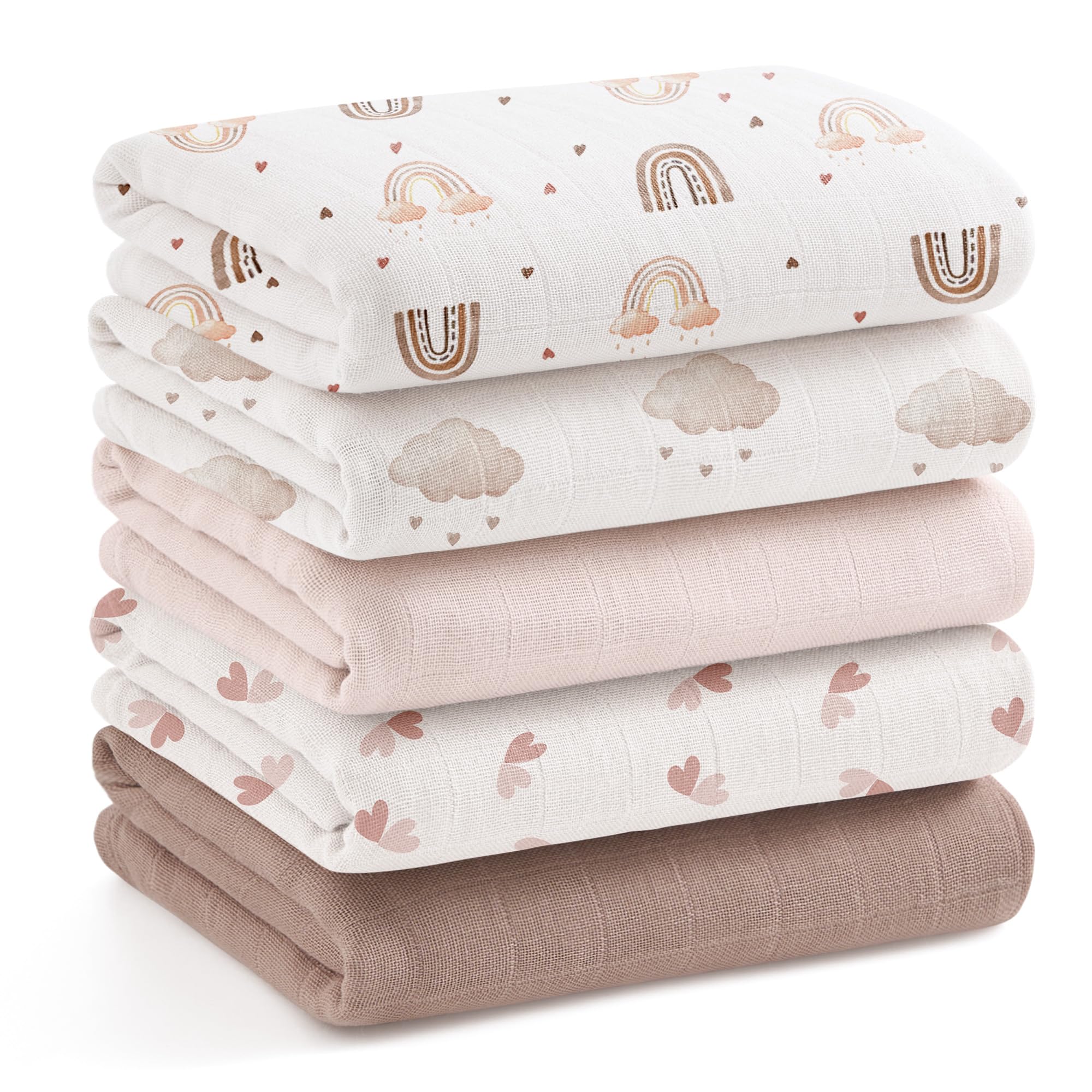 Bearmoss Panno in mussola per bambini, 5 pezzi, traspiranti e assorbenti, 60 cm x 60 cm, per il bagno, asciugare e pulire i neonati (rosa-marrone)