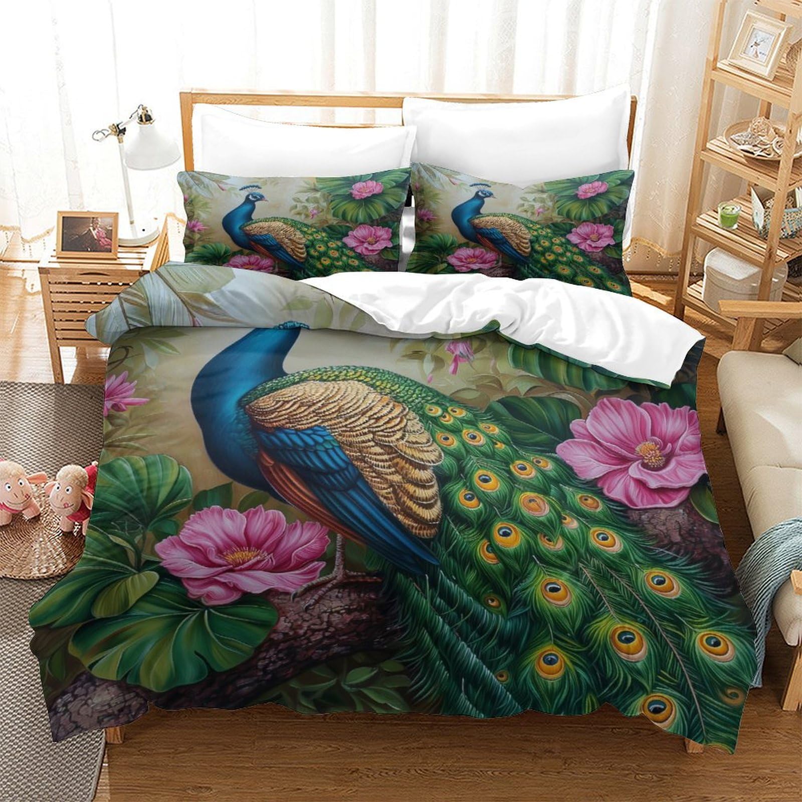 Housse de couette paon 3 pièces avec fermeture éclair invisible lit 260x220