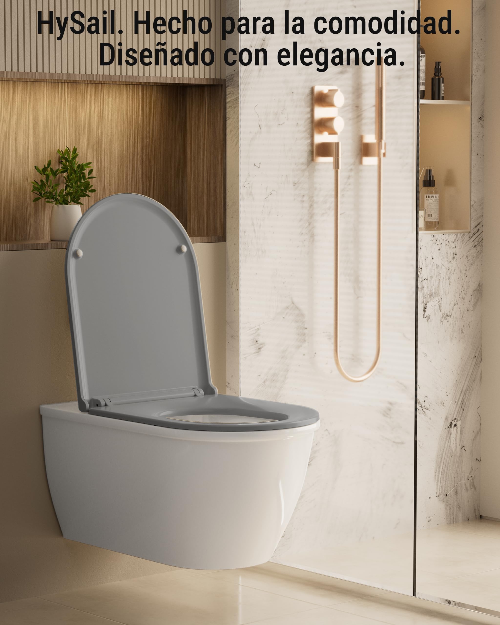HySail Tapa WC Universal Con Cierre Amortiguado – Ecológica, Resistente a la Decoloración, Con Liberación Rápida Para una Limpieza Fácil (Gris, Forma en D Alargada)