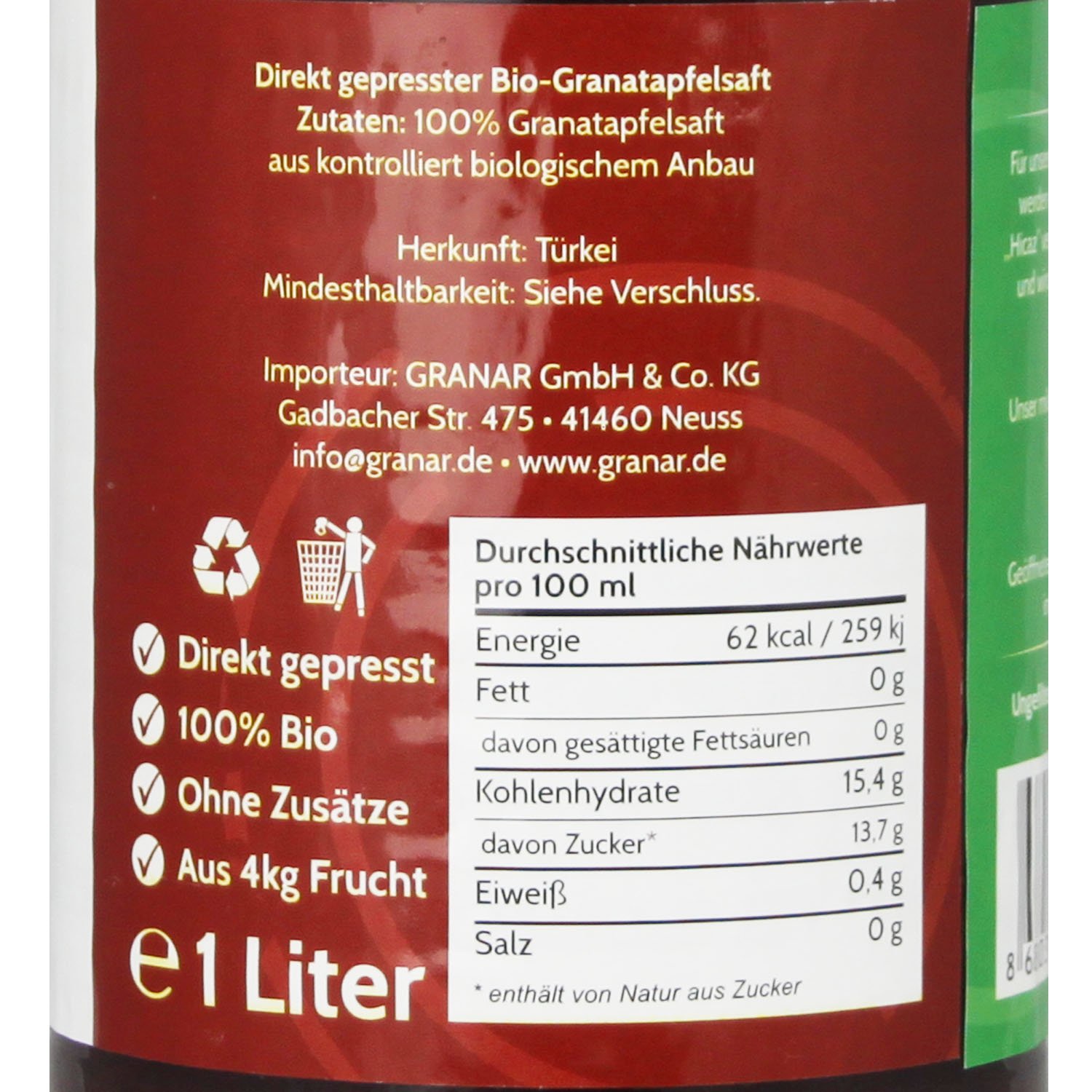 Benorganic 18 x 1 Liter Bio Granatapfelsaft, 100% Muttersaft direkt gepresst