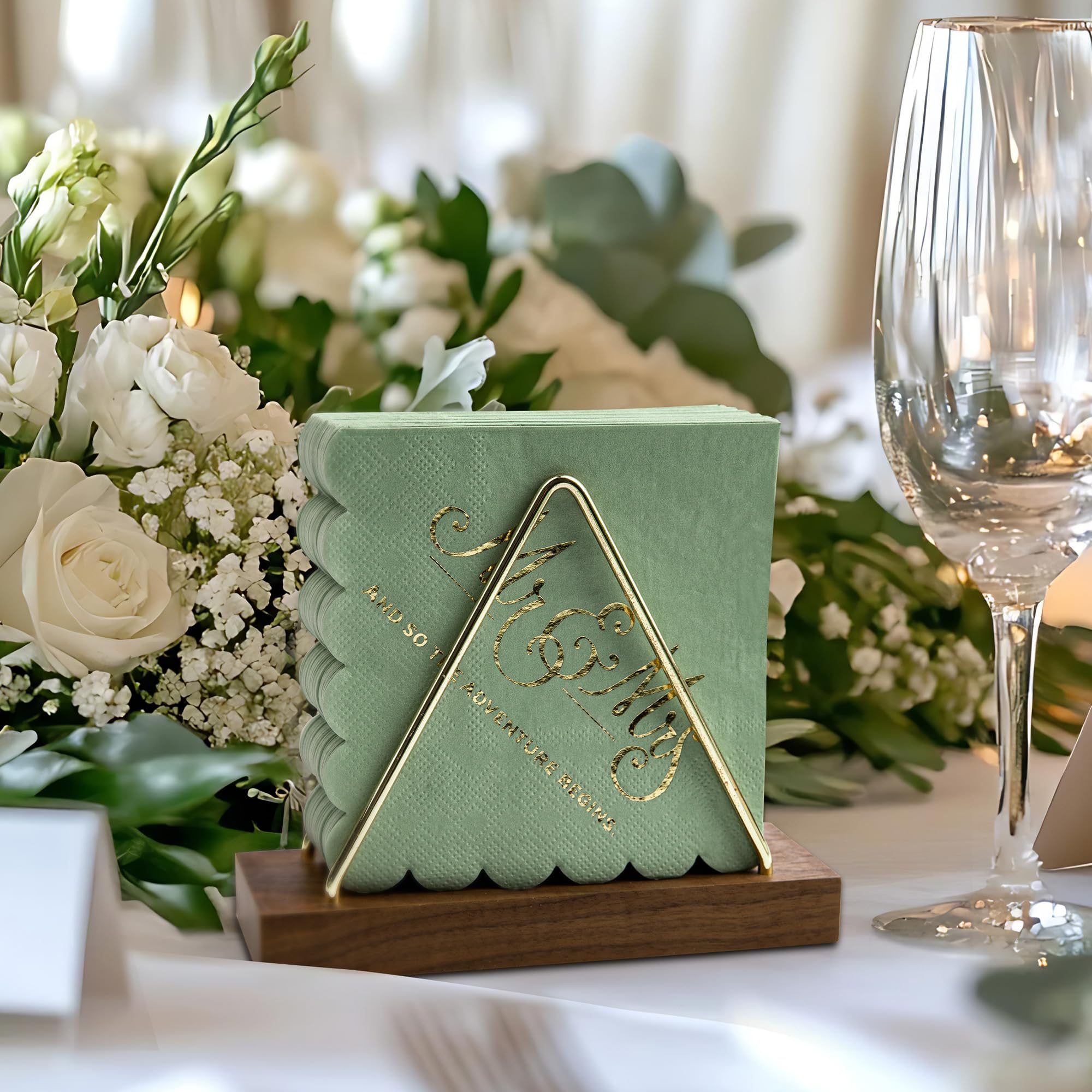 100 Stück Hochzeitsservietten, Einweg-Servietten, Goldfolie, Mr. and Mrs, Salbeigrün, Cocktail-Servietten für Hochzeit, Dinner-Party, 100 Stück