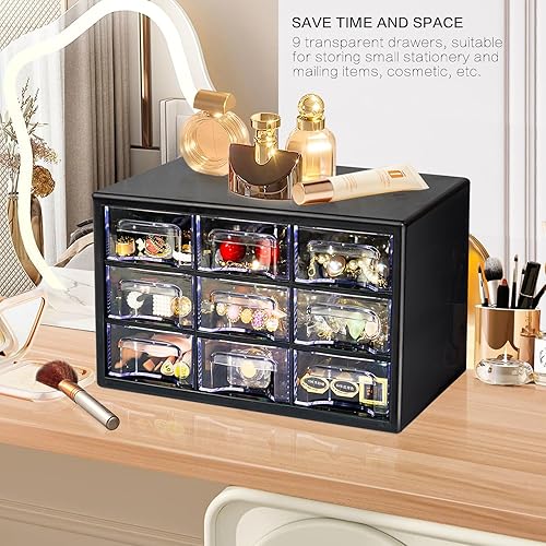 Miniatura 4 de Organizador de almacenamiento de escritorio con 9 cajones, gabinete apilable de escritorio para manualidades, caja de almacenamiento transparente