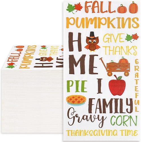 Miniatura 1 de Whaline Paquete de 100 servilletas de otoño para invitados de Acción de Gracias, servilletas desechables con palabras de Acción de Gracias, para
