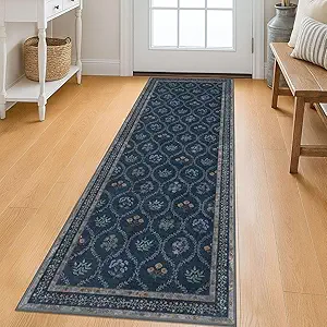 KILOCOCO 2x6 Runner Rug, Moroccan Super Soft Washable Hallway Entryway Runner Rug, Accent Print Faux Wool Kitchen Runner Rug 6 Feet Non-Slip Boho Rug Runner for Laundry Room Bedroom, Navy Blue