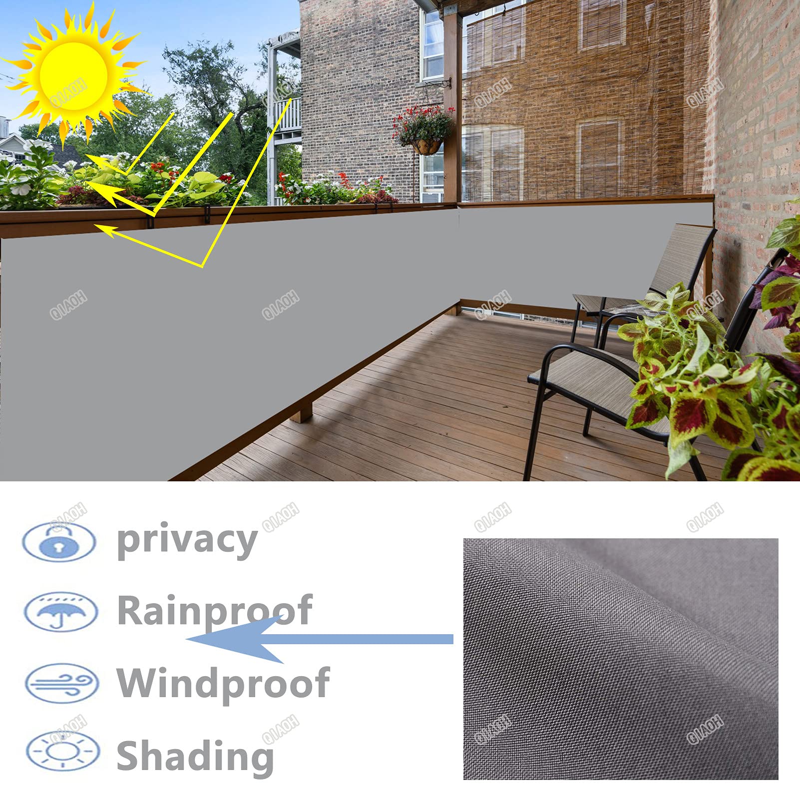 Osłona przeciwwiatrowa na patio 90 cm x 1000 cm z ochroną UV i odpornością na warunki atmosferyczne, osłona balkonowa z opaskami na zamek błyskawiczny, trwała i odporna na słońce ochrona prywatności