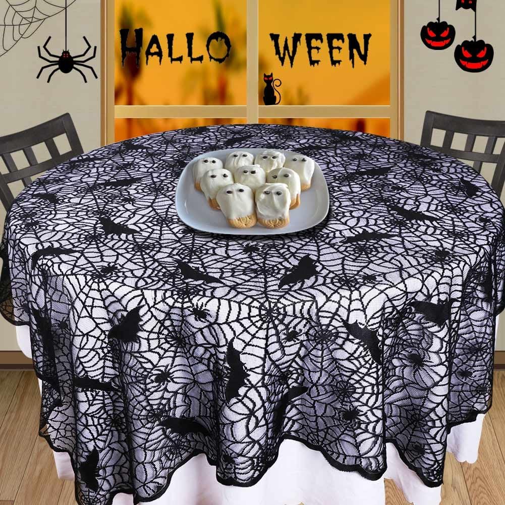 OurWarm Halloween Tablecloth, Rectangular Polyester Lace Tablecloth Black Spider Web Tablecover for Scary Movie Nights Halloween Table Decorations, 60 x 84 Inch