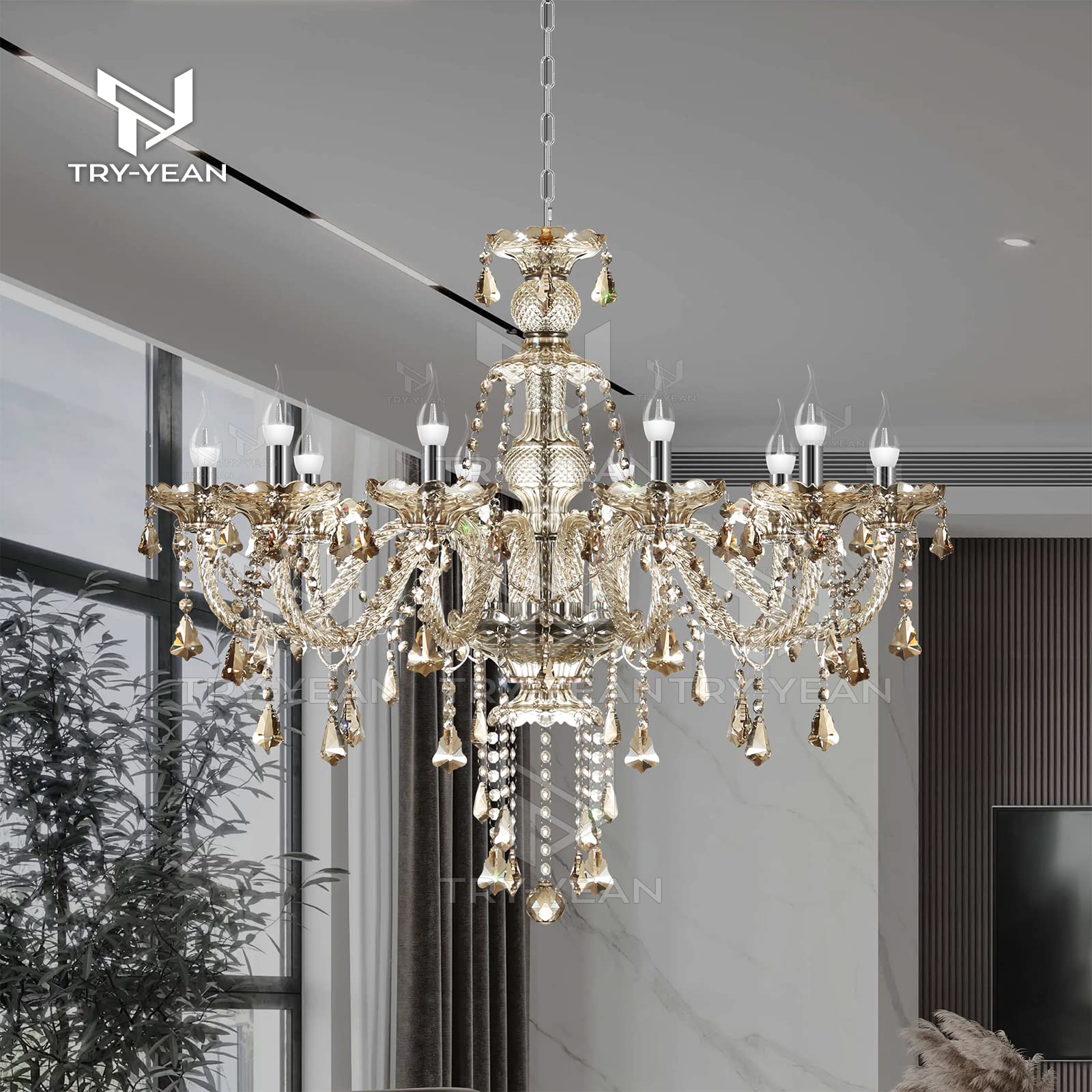 Lámparas de Araña de Coñac Lampara Cristal Colgante Clásico 10 Luces Lámparas Techo Lagrimas K9 Cristal Candelabro con Cadena Ajustable para Dormitorio, Salón, Comedor, Restaurante E14