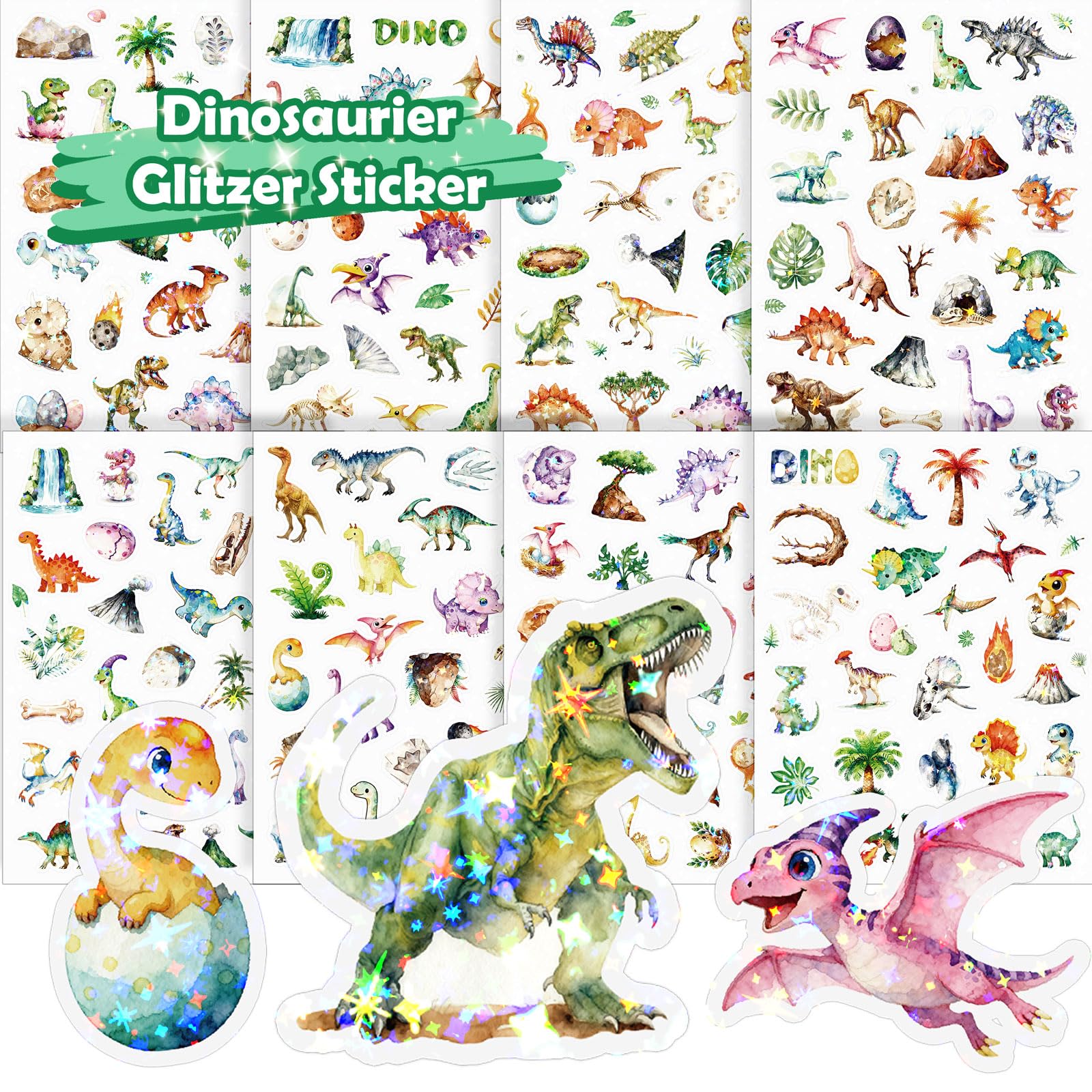 Dinosaur Glitter Stickers for Children, 8 PCS Cute Dino Stickers, Holographic Finish, Suitable for Books, School Bags, Tablets, Bicycles, and Drinking Cups