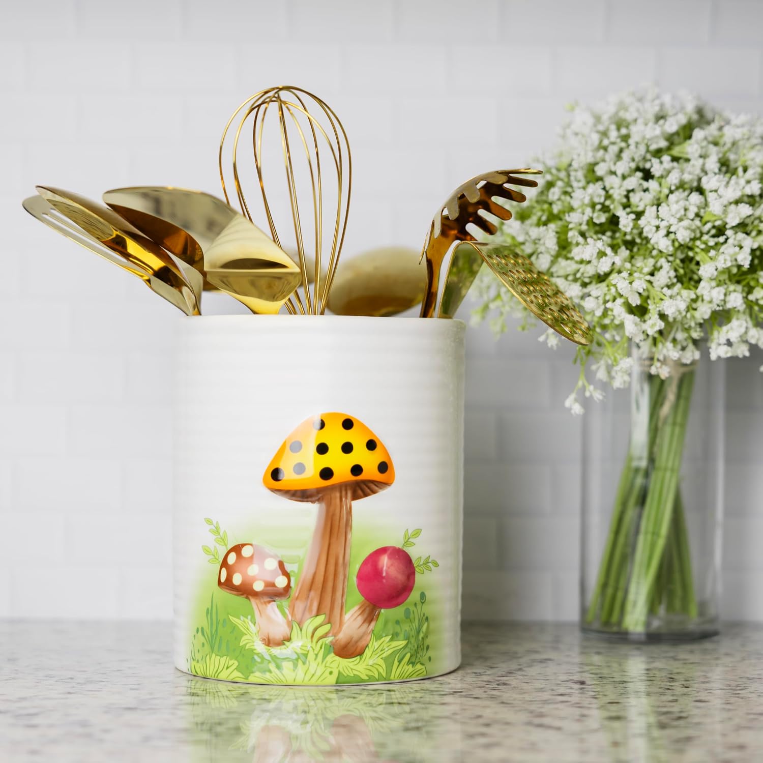 Fox Run Mushroom Utensil Holder, White Ceramic Kitchen Utensil Crock, 6.25" x 7.25"
