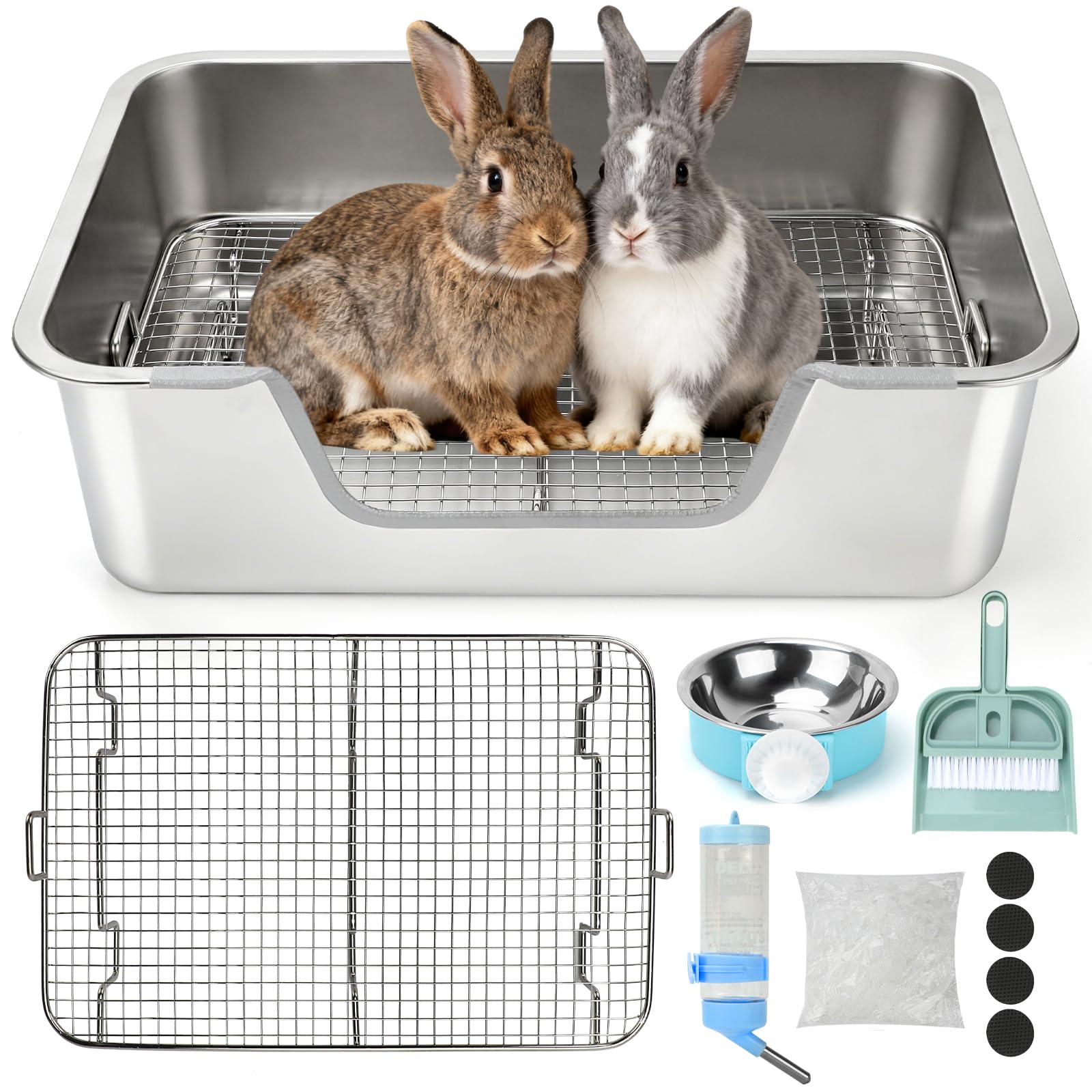 Rypet Large Rabbit Litter Box, Bunny Litter Box High Side with 304 Stainless Steel Sifting Tray, Metal Small Animal Litter Pan with Pet Food Bowl and Water Bottle, Non-Slip Easy to Clean Odor Control