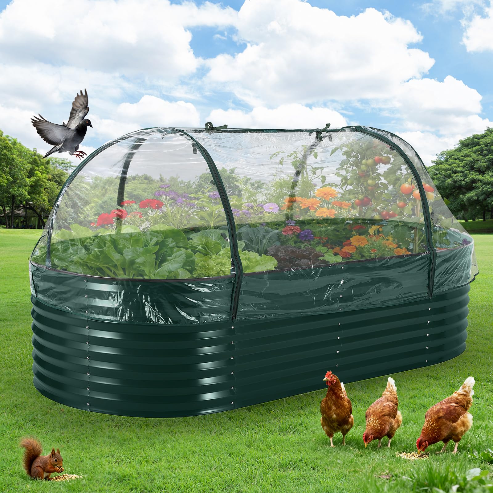Galvanized Steel Raised Garden Bed Kit with PVC Cover, Large 240*120*60cm Oval Planter Box, Open Base for Drainage, Thick Metal for Outdoor Vegetables, Herbs, Flowers, Easy Assembly, Green