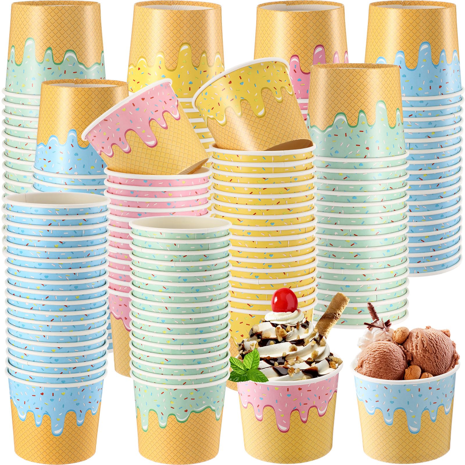 200 Pcs 6 oz Ice Cream Cups Paper Disposable Dessert Bowls Paper Ice Cream Sundae Bowls Bulk Dessert Cups Yogurt Snack Soup Containers for Cold or Hot Food Summer Birthday Party Supplies