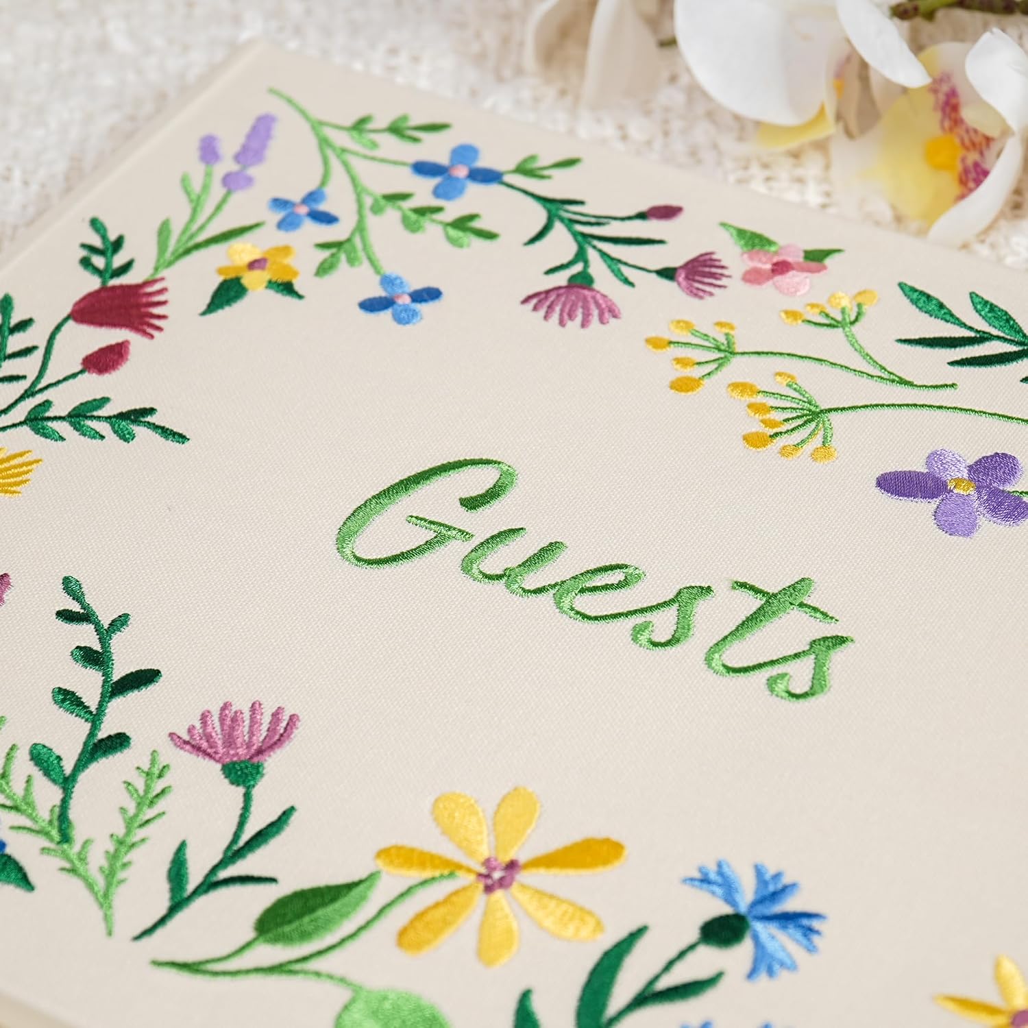 Embroidered Floral Guestbook for Wedding, Bridal Shower & Baby Shower, Linen Guest Sign-In Keepsake with Blank Ivory Pages, Lay-Flat Design & Ribbon Bookmark, 10.25” x 8.25” (Wildflower Garden)