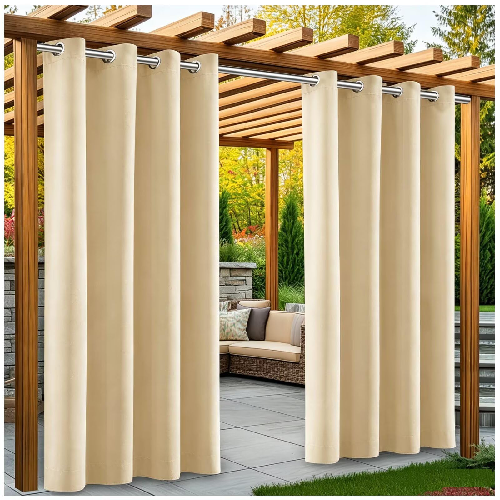 Pavillon Vorhang Outdoor wetterfest mit Ösen 210g/m² H213 x W381cm Beige | Reduziert UV-Strahlen und direkte Sonneneinstrahlung für mehr Schatten auf Balkon, Pergola oder Terrasse.