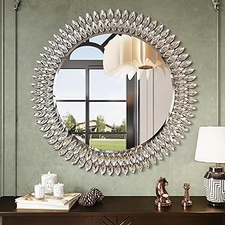 Kelly Miller Round Jeweled Mirror for Wall Decor, 32 in Modern Decorativ...