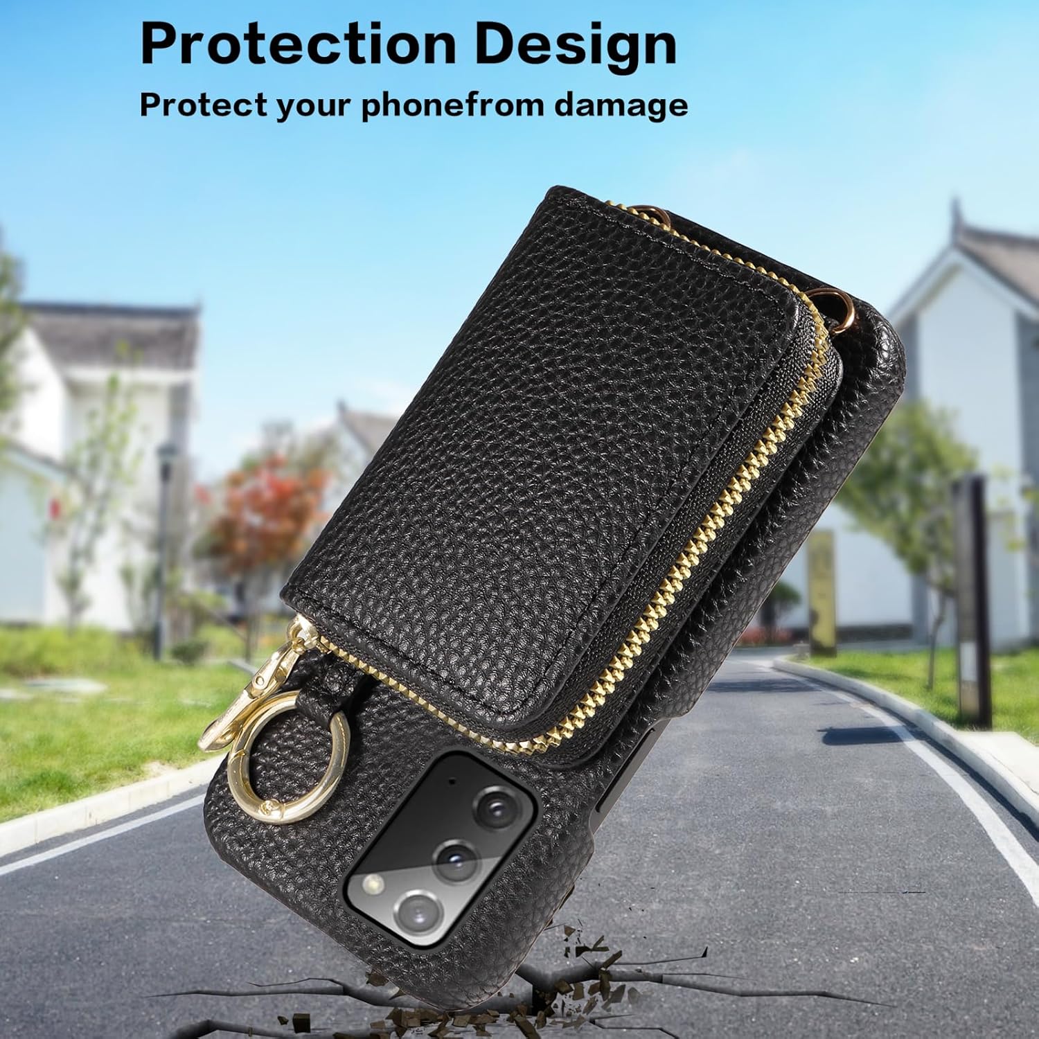 Wallet Case for Samsung Galaxy Note 20 5G with Shoulder Strap Ring Buckle, PU Leather Zipper Flip Organ Purse, Card Holder Stand Phone Cover for Note20 Notes 20s Twenty Not S20 Women Men Black