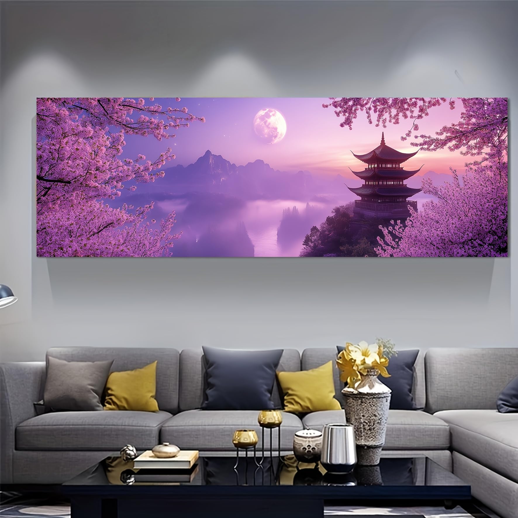 EGJEPWFH Purple Moon & Cherry Blossoms Canvas Wall Art,Minimalist Floral Canvas Print Aesthetic Botanical Home Wall Hanging Art(65x195cm/No frame)