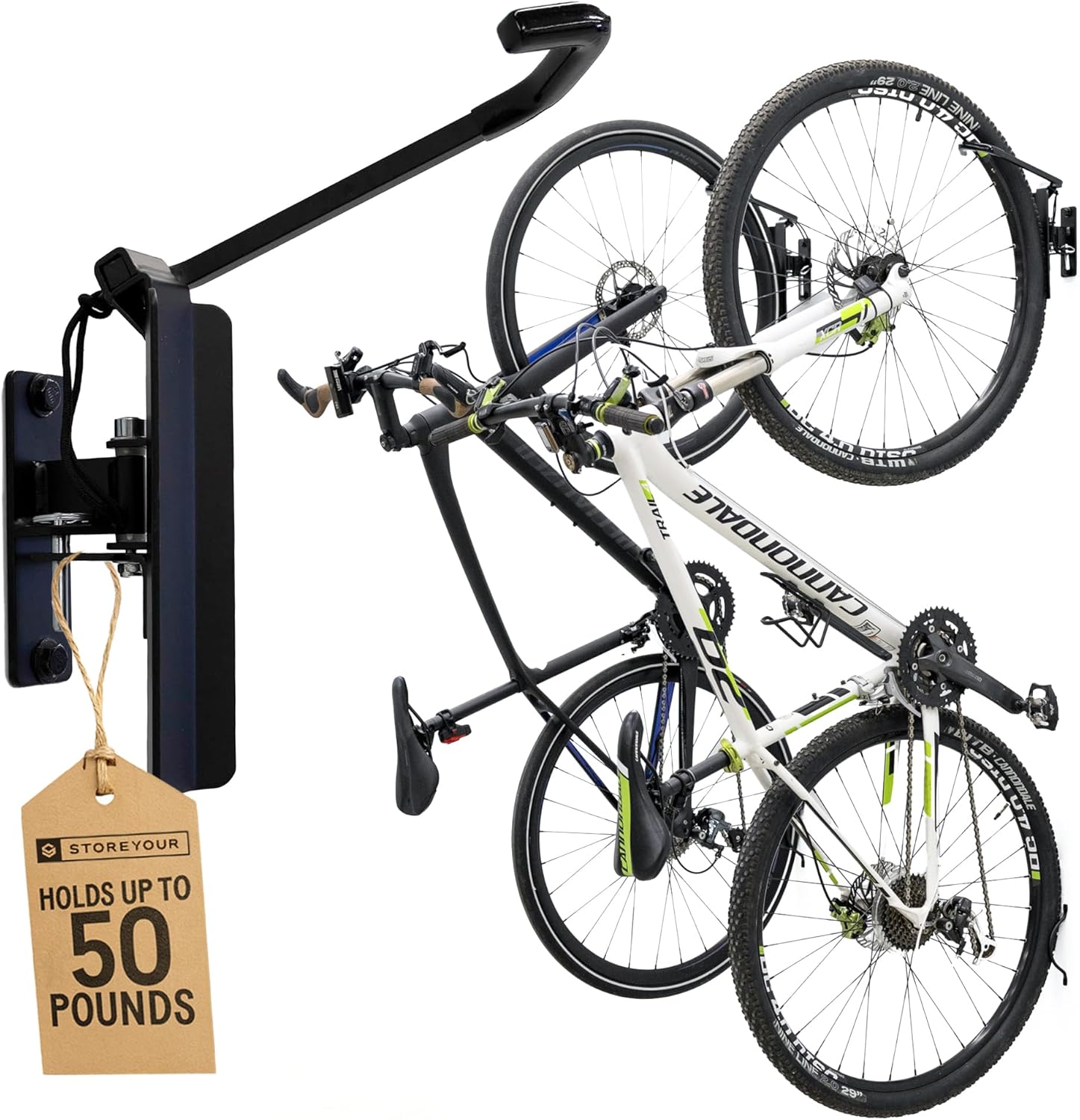 StoreYourBoard Bike Hangers for Garage | Garage Bike Rack Wall Mount, Vertical Bicycle Rack for Garage | 124° Swivel Bike Wall Mount with Stopper, Holds 50lbs, Fits All Wheel Diameters, Max 2.6” Tires